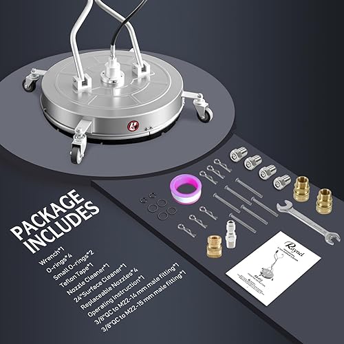 Miniatura 8 de RAYNEL Limpiador de superficie de lavadora a presión de 24 pulgadas con 4 ruedas, mango doble, carcasa de acero inoxidable, 2 adaptadores de