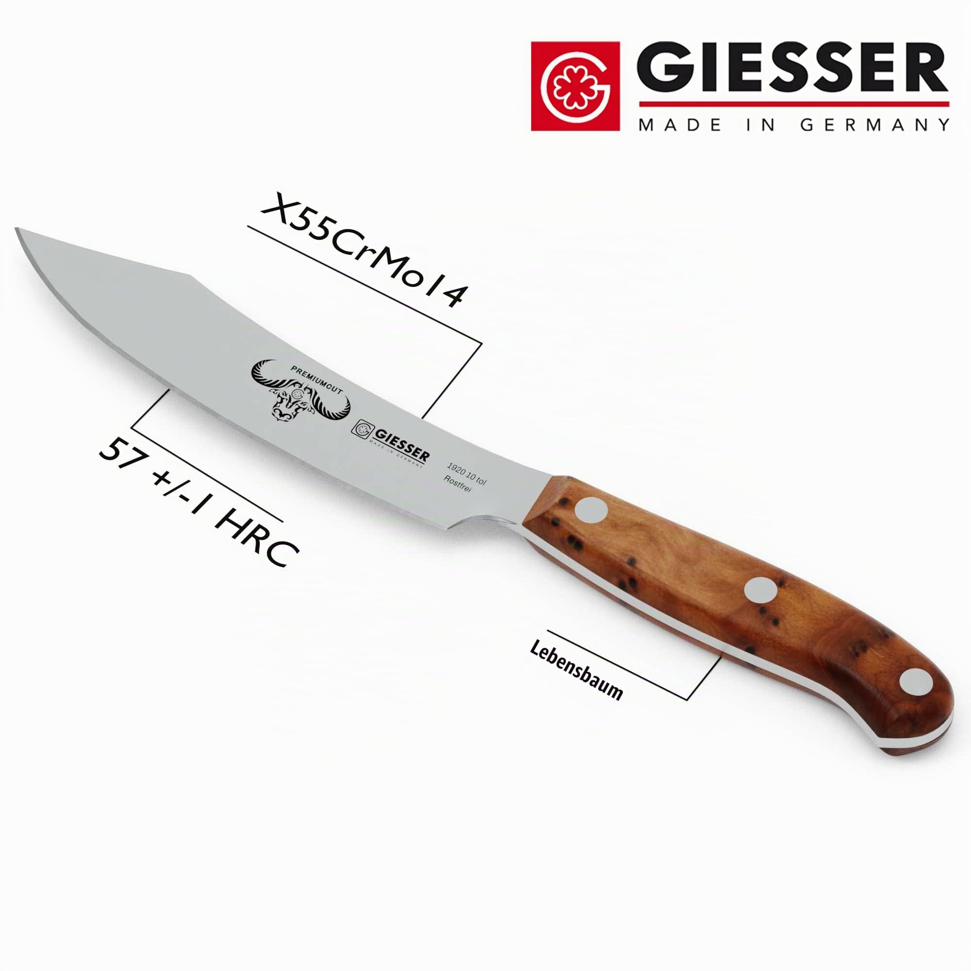 Giesser seit 1776 - Made in Germany - Spickmesser 10 cm Tree of Life, PremiumCut Office No 1, Officemesser, Thuja, holzgriff, rostfrei, deutsches Grillmesser scharf