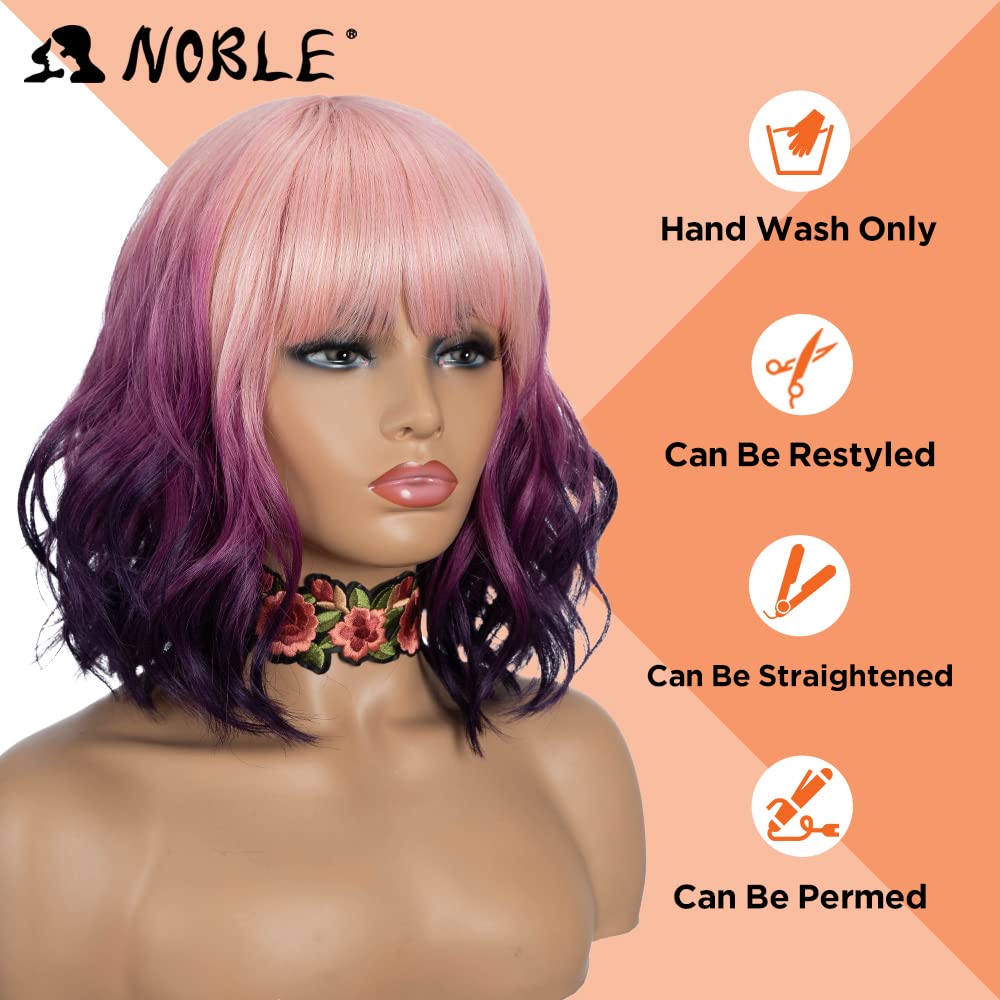 NOBLE Colourful Short Bob Wigs with Bangs for Women 3 Tone Ombre Pink root to Purple Color Short Wavy Bob Hair Wig Shoulder Length Synthetic Heat Resistant Bob Wigs