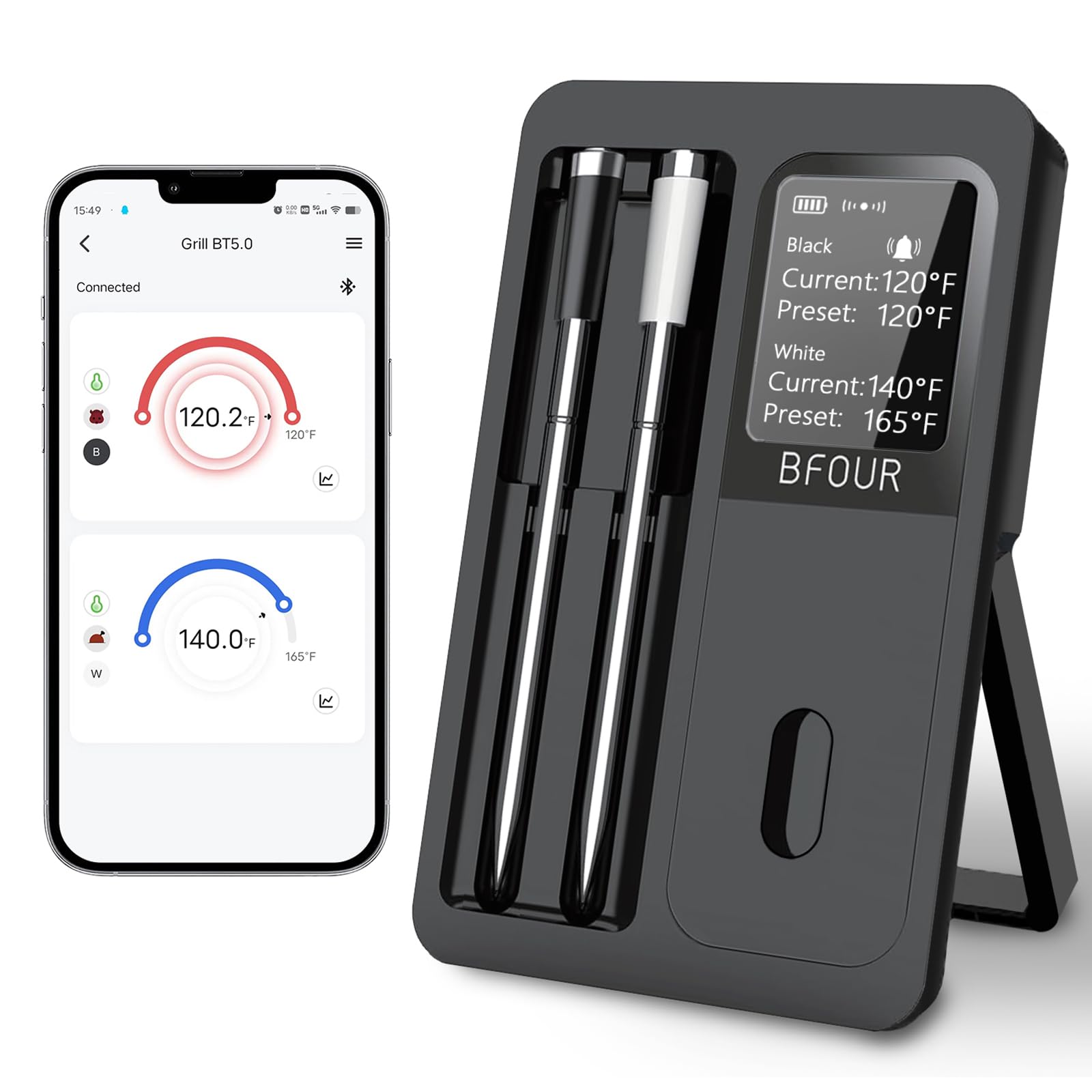 Bezprzewodowy termometr do mięsa, grillowany termometr do mięsa Bluetooth 2 wodoodporne sondy, inteligentny bezprzewodowy termometr do mięsa z wyświetlaczem LCD HD, cyfrowy bezprzewodowy termometr