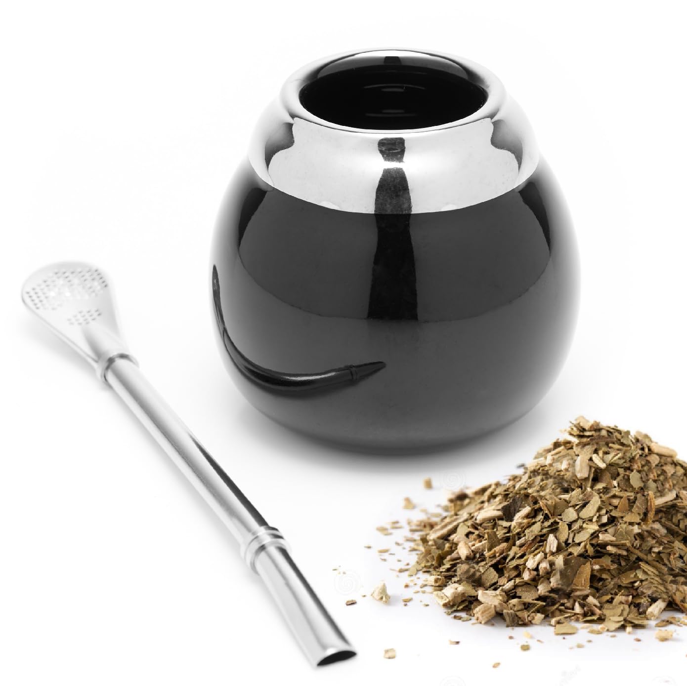BALIBETOV Ceramiczny zestaw kubków Yerba Mate i Bombilla (oryginalny tradycyjny kubek Mate - 189 g) | zawiera 1 słomkę Bombilla (Yerba Mate do użycia) | Ceramika łatwa do czyszczenia (czarna)