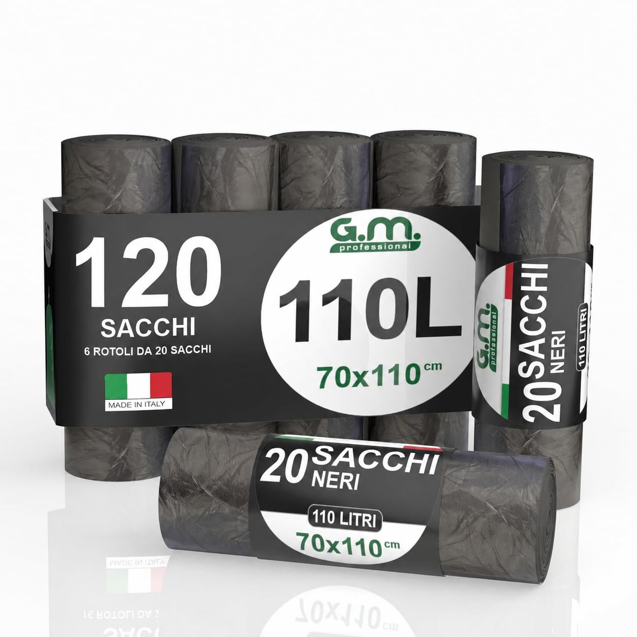 GM 120 Sacchi Spazzatura 70x110 cm, Colore NERO, Capacità 110 Litri, Media Resistenza, Antigoccia, Sacchetti per Raccolta Indifferenziata, Fatti in plastica LDPE Made in Italy, 6 Rotoli da 20 Pezzi