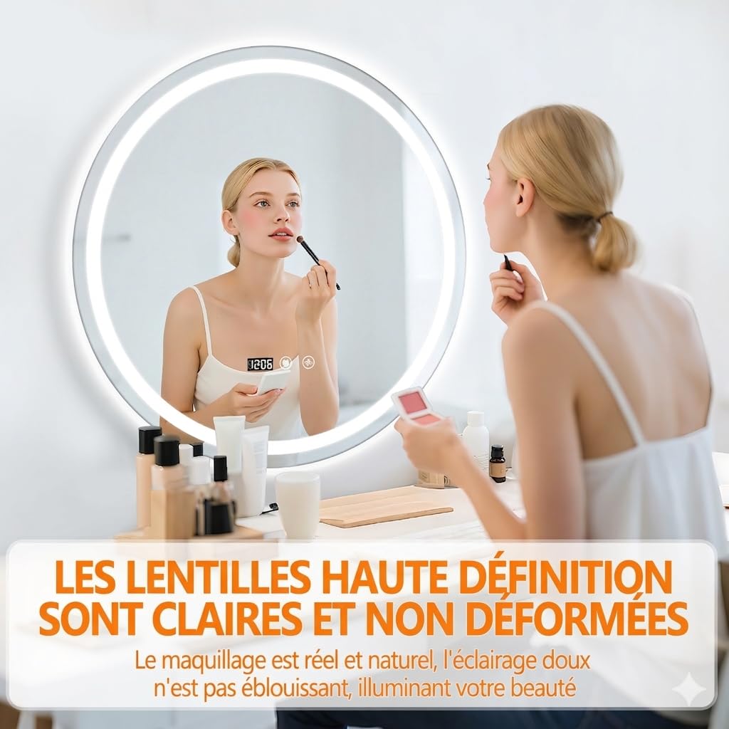 Miroir Salle de Bain Rond LED 60 cm - Anti-Buée, Interrupteur Tactile, Affichage Heure et Température - Miroir Mural Lumineux en Verre Trempé pour Maquillage et Vasque