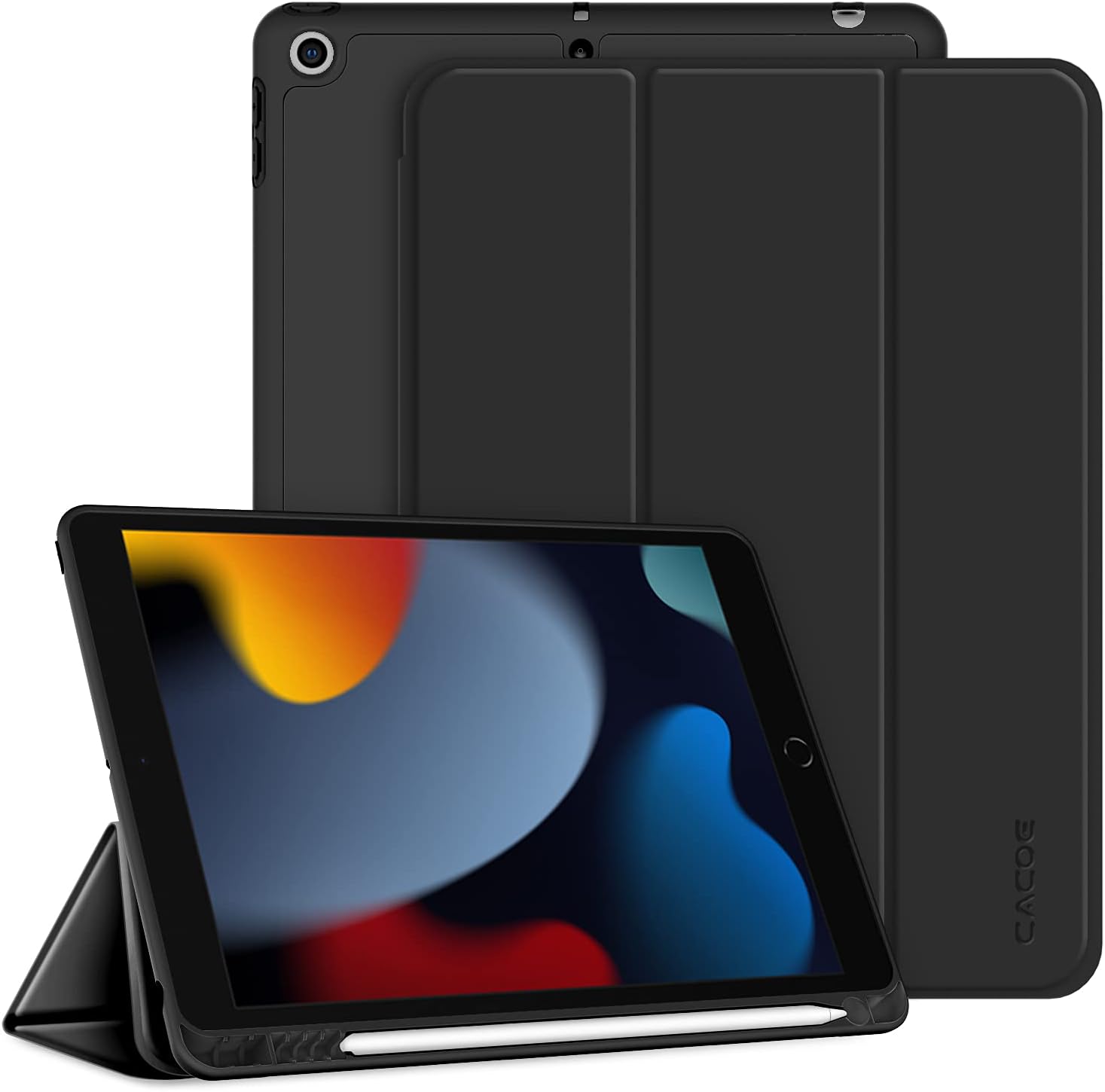 CACOE Hülle für iPad 9. / 8. / 7. Generation mit Stifthalter 10.2 Zoll Modell 2021/2020 / 2019, Ultradünne Schutzhülle aus TPU mit Standfunktion für iPad 10.2, Schwarz