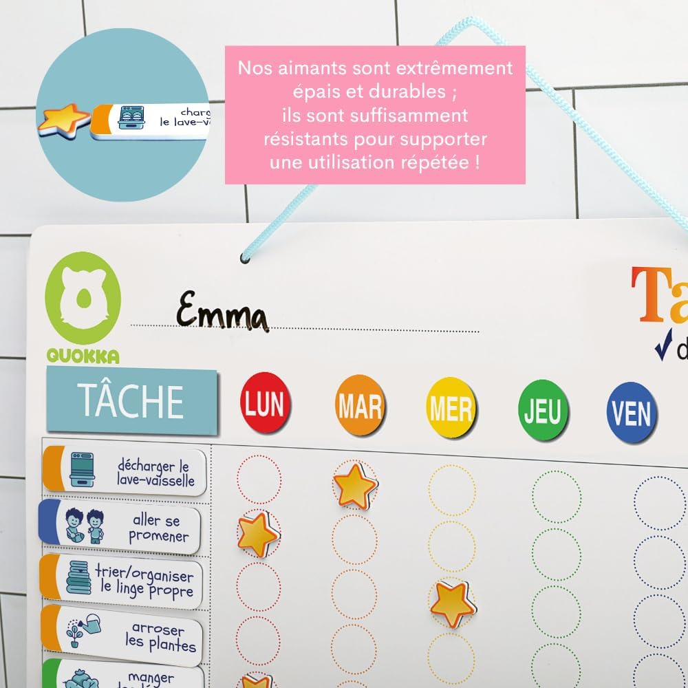 QUOKKA Tableau Magnétique pour Enfants - 40,6x30,5 cm Planificateur Visuel Récompenses - Ardoise Comportement Enfants 84 Aimants 102 Étoiles - Routine Responsabilité - Version Française