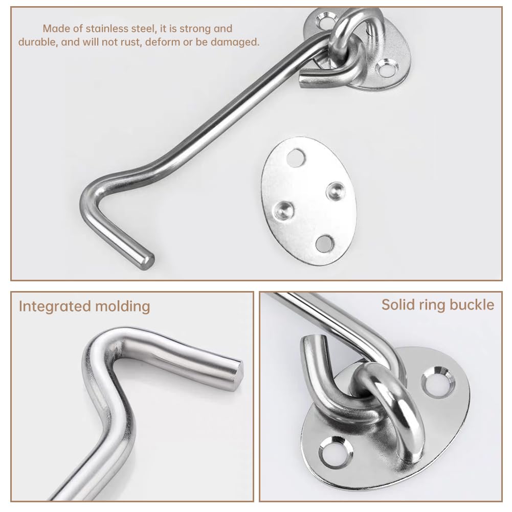 3Pcs 3 Inch Hook and Eye Latch, 75mm Stainless Steel Gate Hook Cabin Hooks, Eye Latch Door Lock Hooks Lock - Image 3