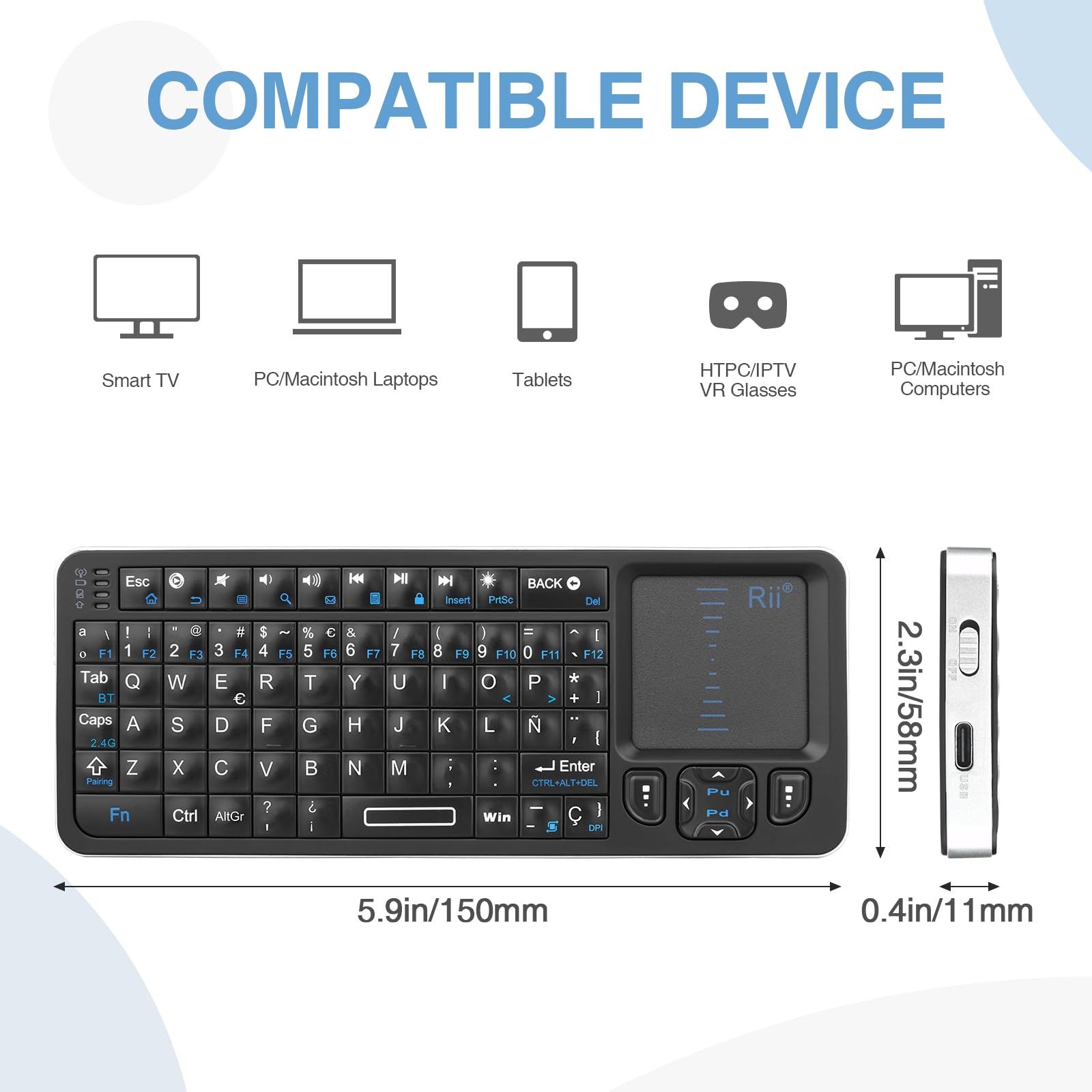 Rii K06 Mini Teclado Inalámbrico Retroiluminado, 2 Modos de Conectividad, con Aprendizaje IR, Portátil Ligero con Touchpad Compatible con Android TV Box, Mac, Windows (Versión Bluetooth y 2.4G)