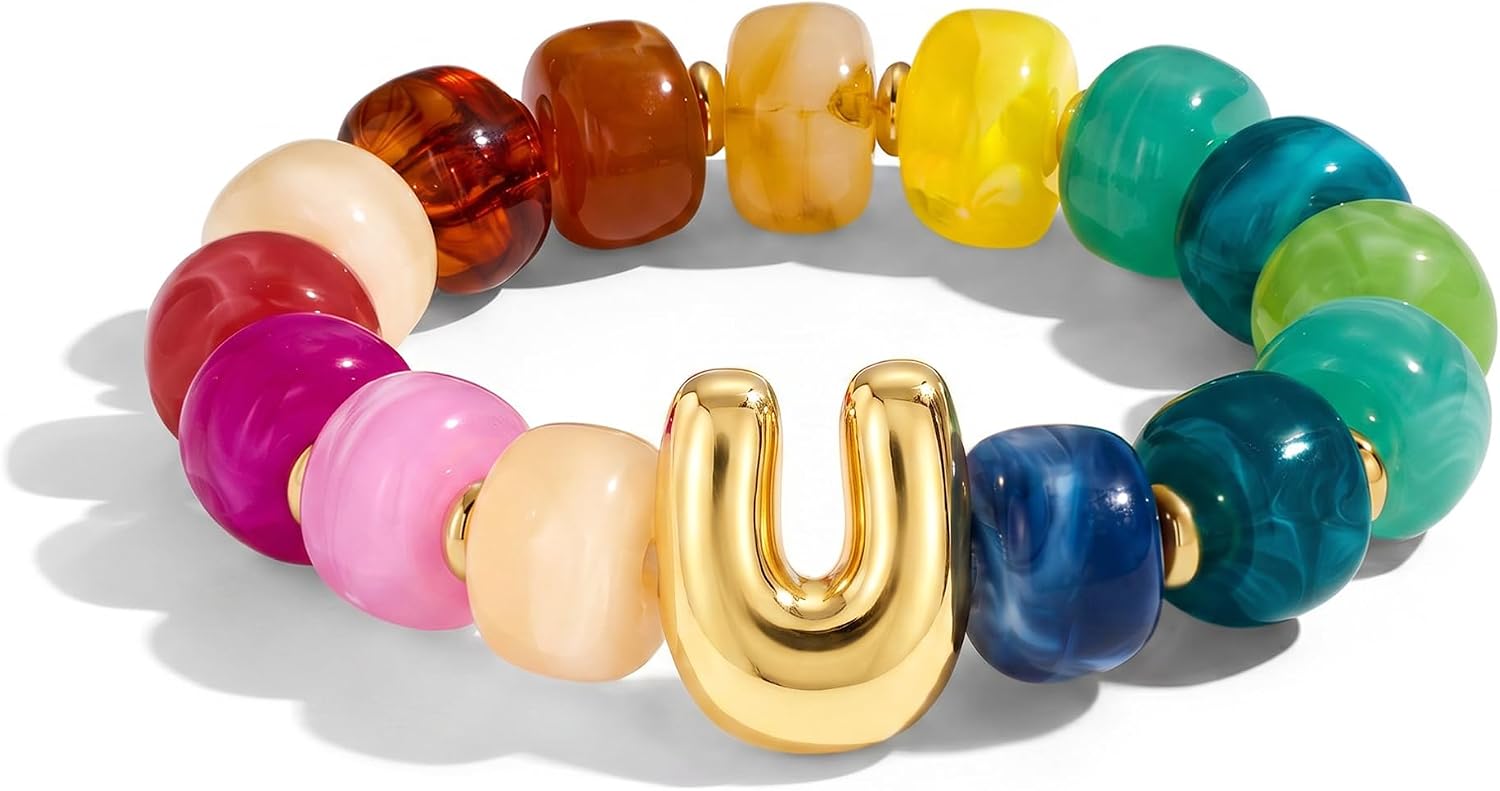 Bubble Initial Chunky Beaded Bracelet for Women Colorful Resin Bead Trendy Statement Big Stretch Bracelets Summer Beach Boho Charm Jewelry Cute Gifts for Women