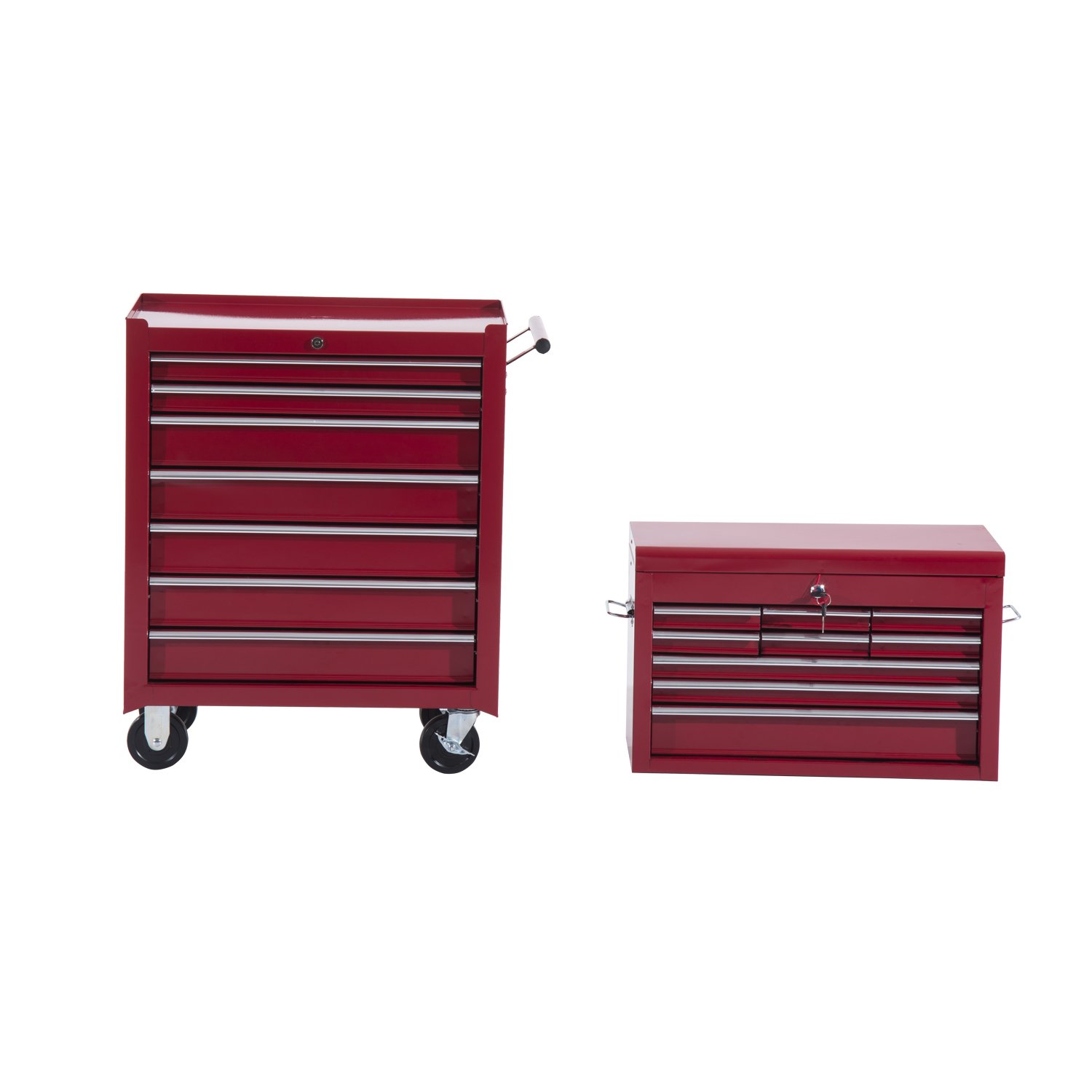 HOMCOM Carro Caja de Herramientas Taller Movil 16 Cajones 4 Ruedas 2 Cerraduras Rojo