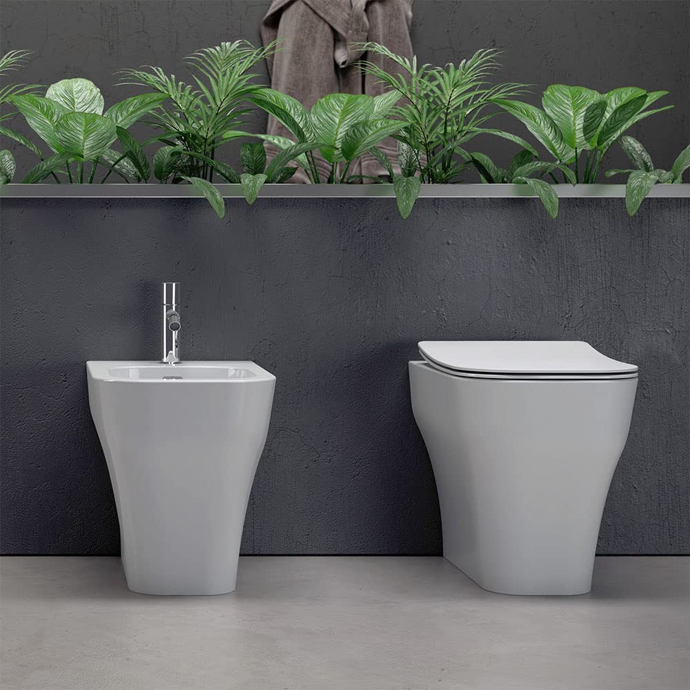 Inbagno Sanitari Filo Muro con Scarico traslato Rimless, in Ceramica Bianca Lucida Serie Synthesis, Incluso Copri WC rallentato con sgancio rapido