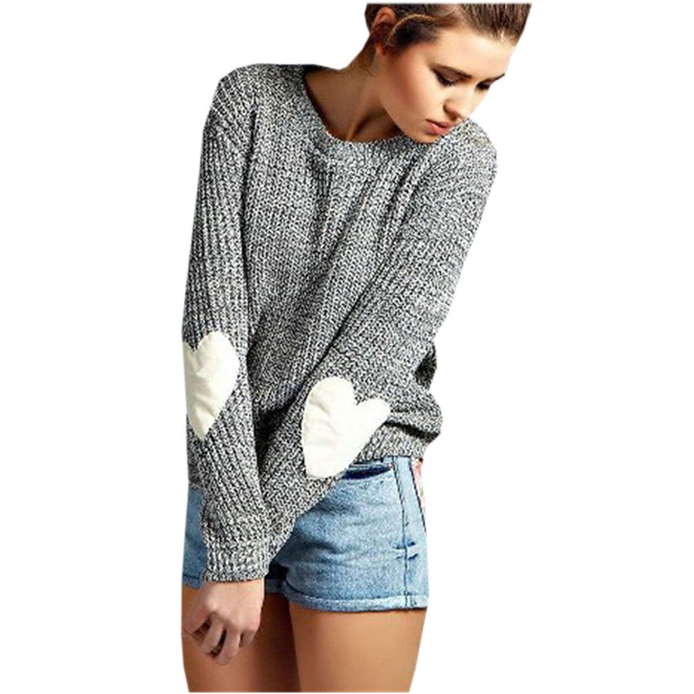 Cute Gray Pastel Heart Elbow Patch Knitted Pullover Sweater For Teens