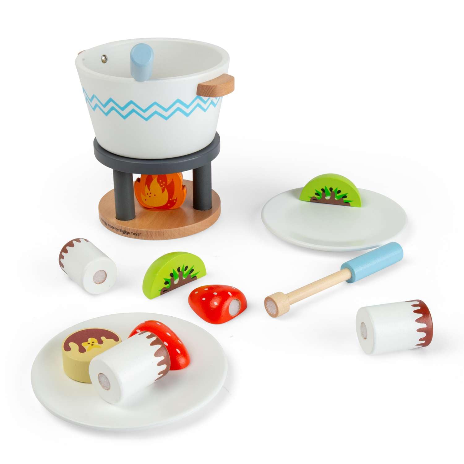 Bigjigs Toys Garnek na czekoladę dla dwojga, drewniany zestaw jedzenia do zabawy, Montessori, zabawka kuchenna, do odgrywania ról, 16 szt. zestawów z drewnem i rzepem, udawaj owoce i czekoladę