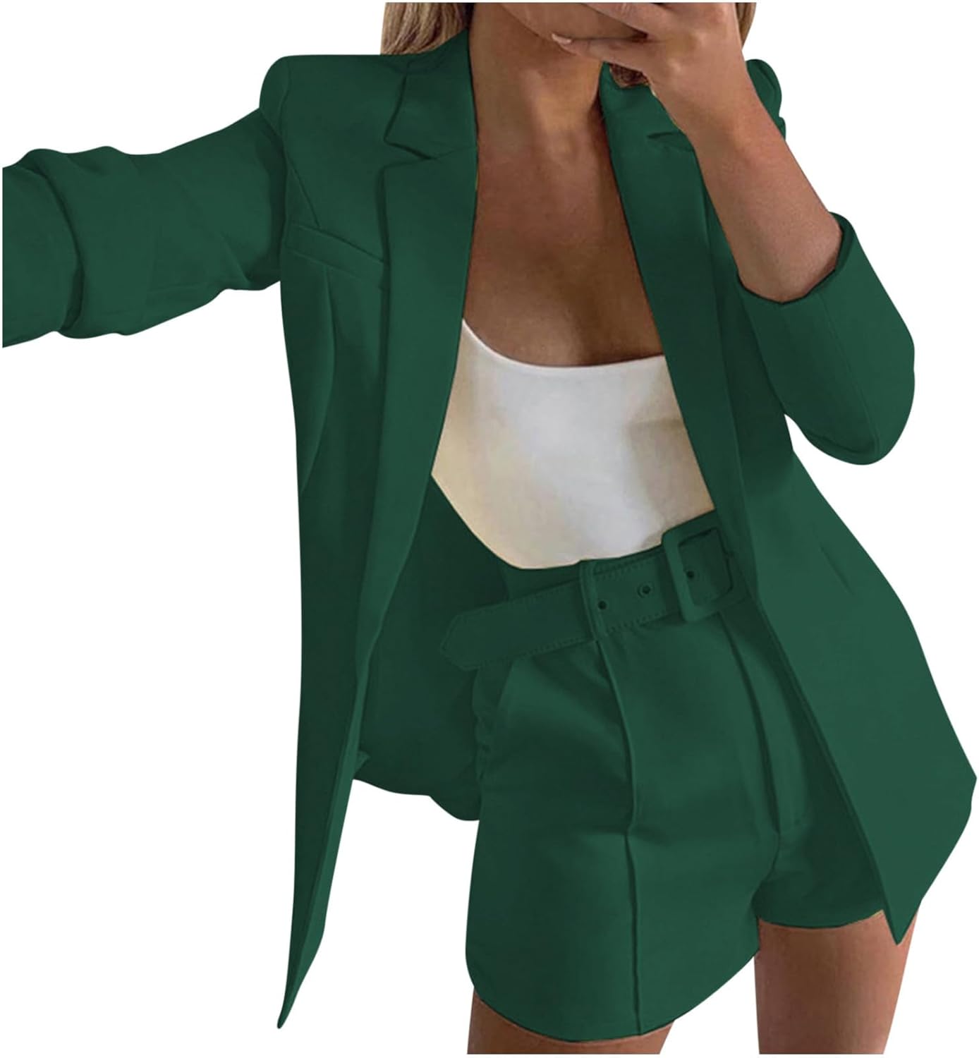 HGps8w Blazer Shorts Set for Women Two Piece Outfits Open Front Long Sleeve Blazers Jacket and Belted Short Business Suits