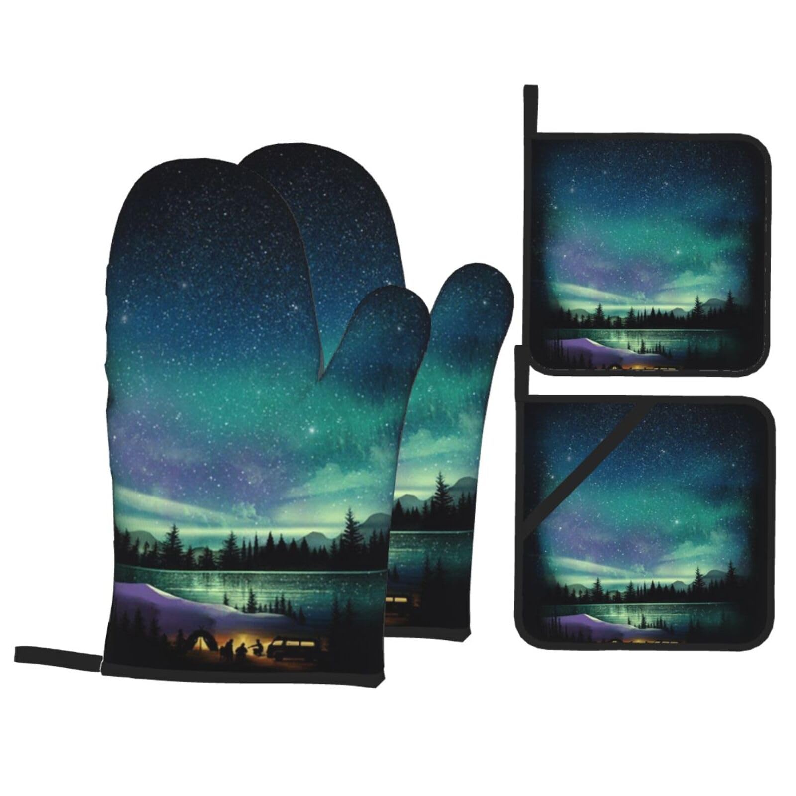 Celestial Night Sky Print Stylish Heat-Resistant Oven 4-Piece Set Kitchen Gloves Roasting Daily Cooking