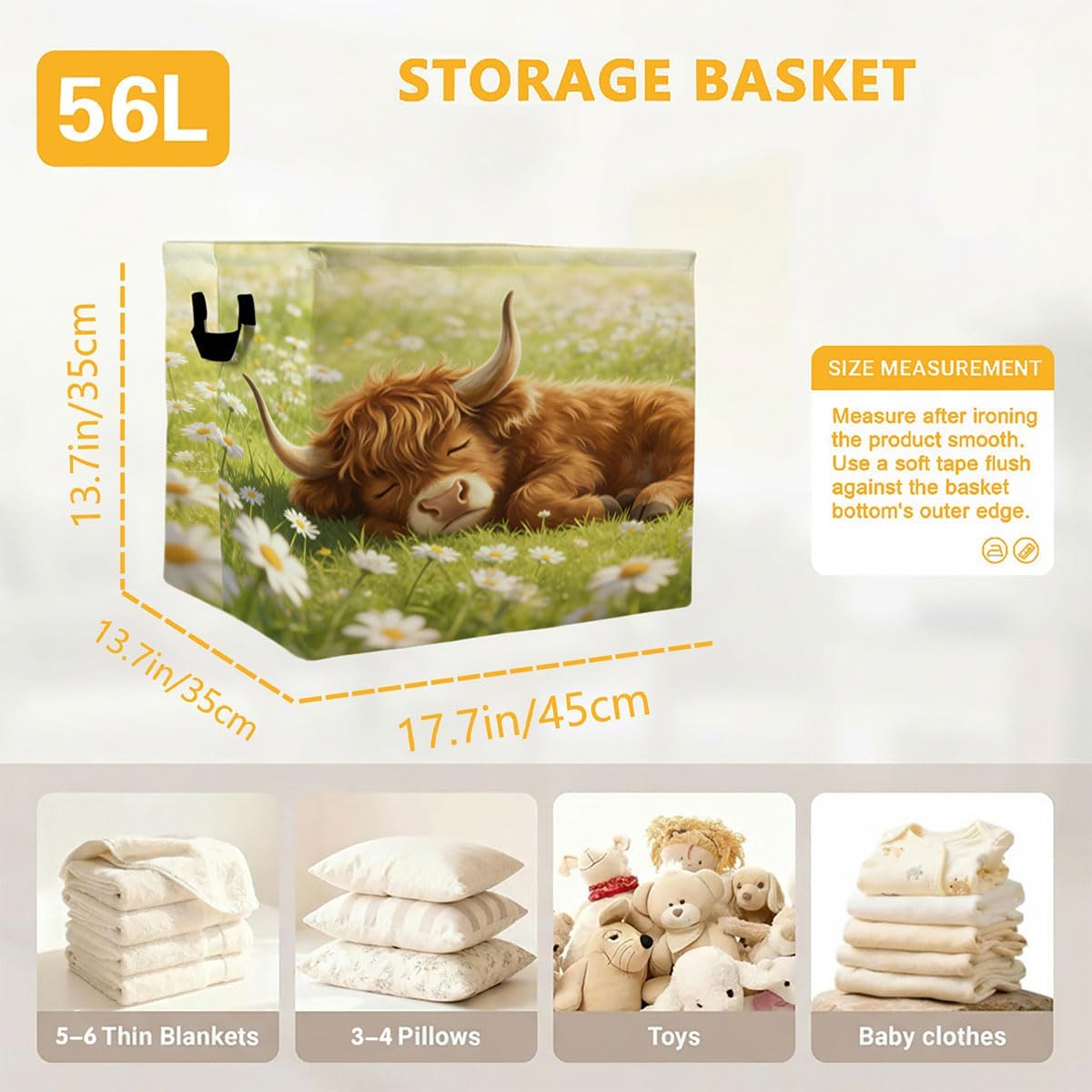 Highland Cattle Laundry Hamper 56L Large Laundry Basket with Handles, Foldable Clothes Hamper for Bedroom Bathroom, Decorative Toy Storage Bin, Home Decor Organizer for Blankets, Towels & Toys.