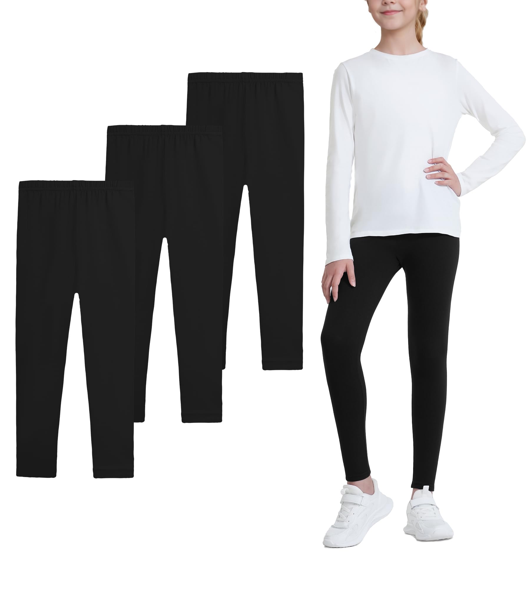 Auranso 3er Pack Leggings Mädchen Kinder Baumwolle Schwarz Leggings Lang Hosen Sport Pants 104 110 116 128 146 152 158