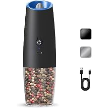 Rechargeable Electric Salt And Pepper Grinder Set, Automatic Gravity Electric Salt And Pepper Grinder Set, Adjustable Roughness, Led Light, 1 Pack, Black