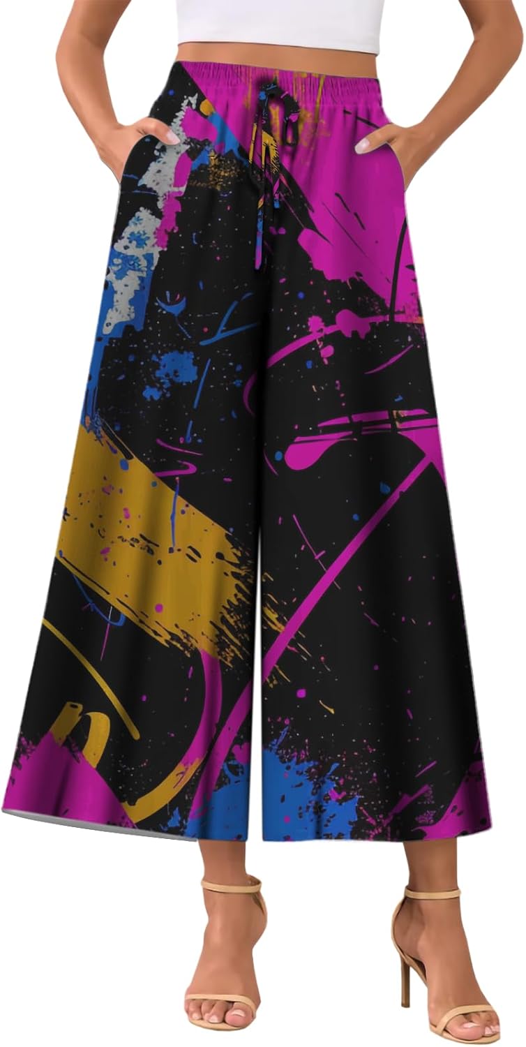 Summer Trousers for Women Dressy Trendy Casual High Waist Drawstring Print Floral Outfits Pants with Pockets