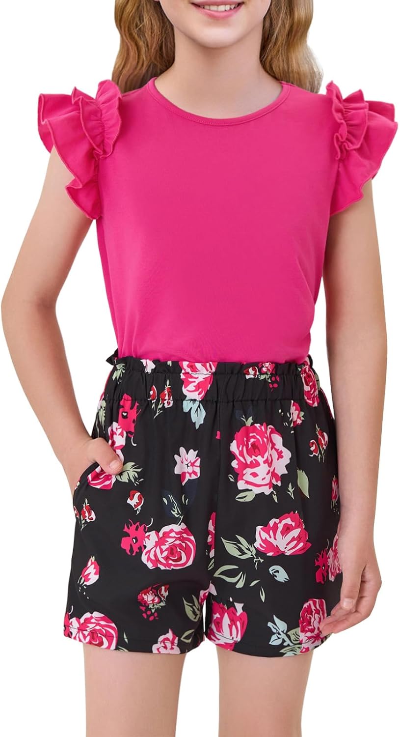 Haloumoning Girls 2 Piece Summer Outfits Clothes Ruffle Short Sleeve Shirts and High Waist Paper Bag Shorts Sets with Pockets