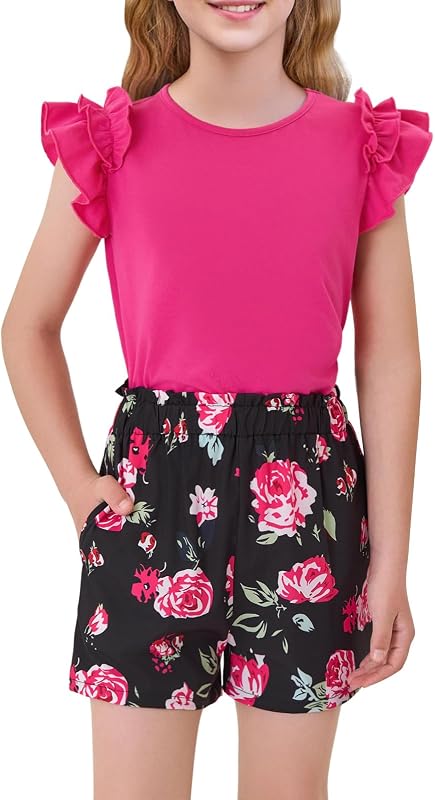 Haloumoning Girls 2 Piece Summer Outfits Clothes Ruffle Short Sleeve Shirts and High Waist Paper Bag Shorts Sets with Pockets