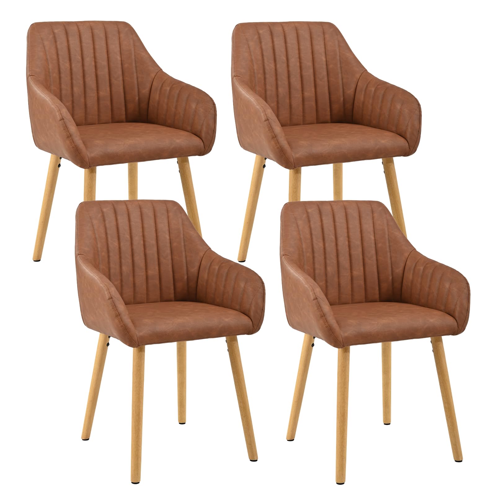 Goeurvant Dining Chairs Set of 4, Modern Kitchen Chairs with Backrest & Wooden Legs, Upholstered Armchairs for Living Room, Dining Room, Lounge, PU Fabric, Brown