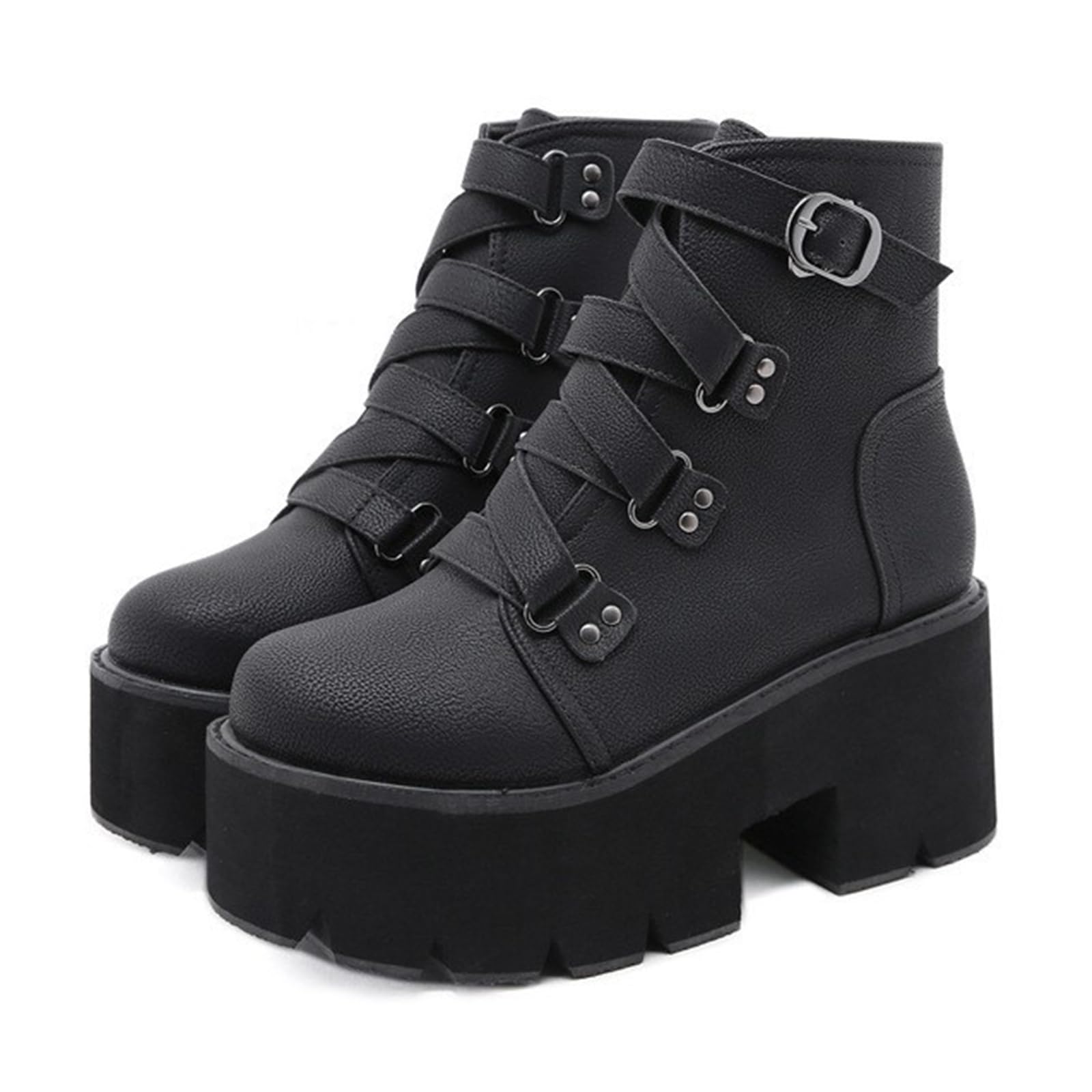 Womens Platform Block Heel Strap Buckle Gothic Ankle Boots Fashion Comfortable Lightweight Foam Chunky Heel Booties for Party