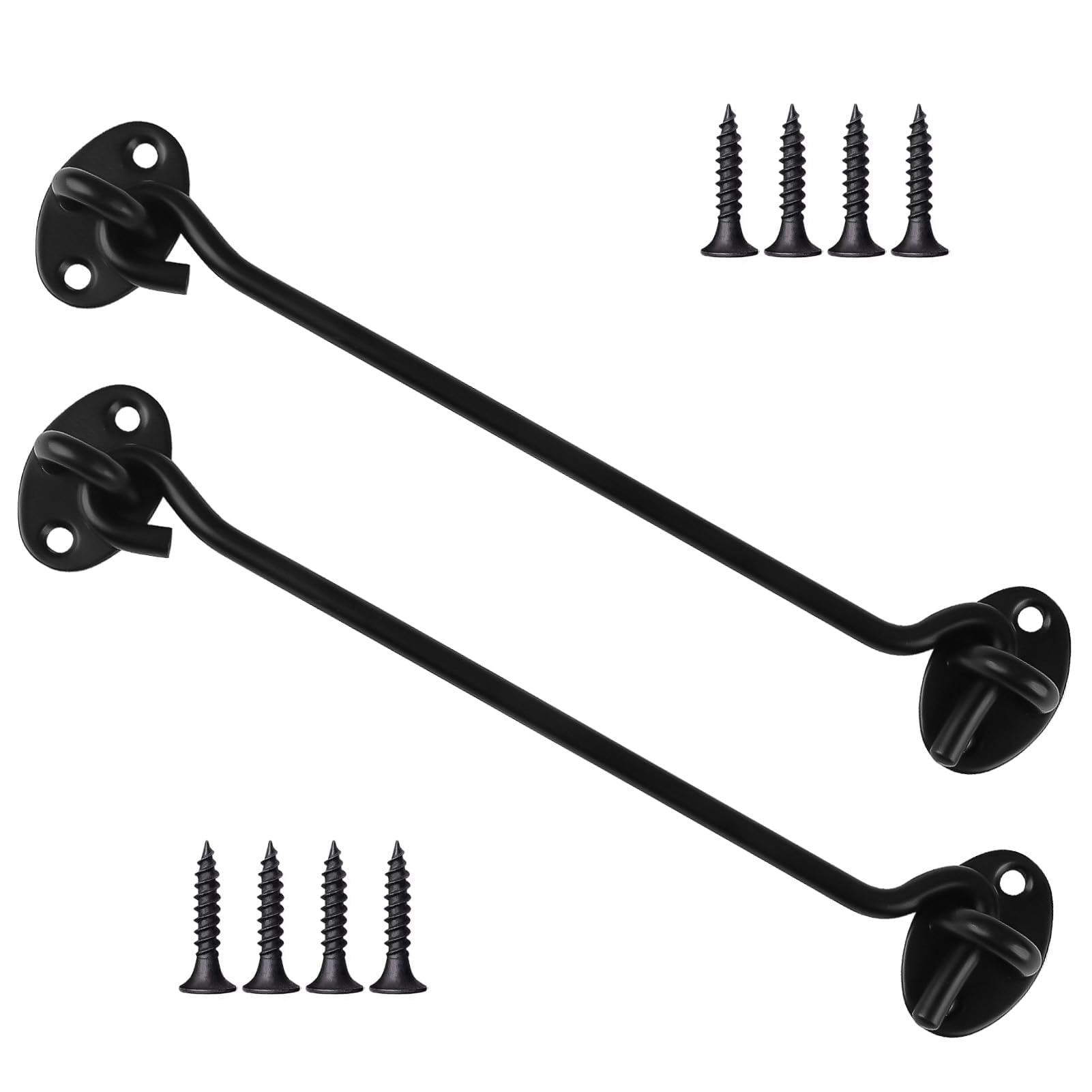 2PCS 8 inch Hook and Eye Latch Metal Door Look Gate Latches, Stainless Steel Shed Lock, Heavy Duty Solid Thicken Gate Hook with Mounting Screws for Sliding Door Outdoor Window Wooden(Black)