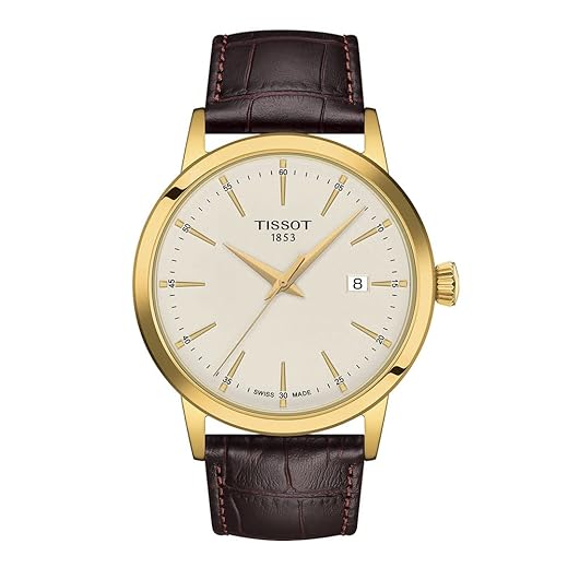 Tissot Mens Classic Dream 316L Stainless Steel case with Yellow Gold PVD Coating Quartz Watch, Brown, Leather, 22 (T1294103626100)