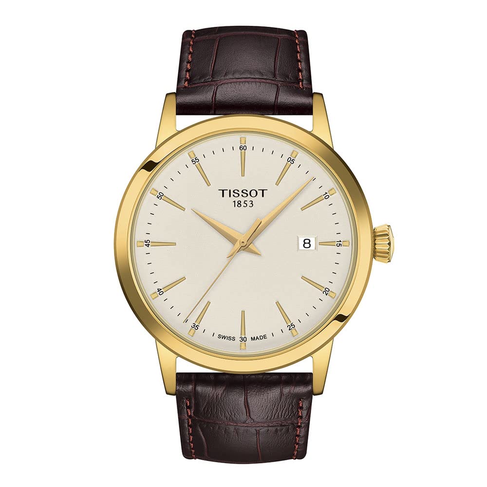 TissotMens Classic Dream 316L Stainless Steel case with Yellow Gold PVD Coating Quartz Watch, Brown, Leather, 22 (T1294103626100)