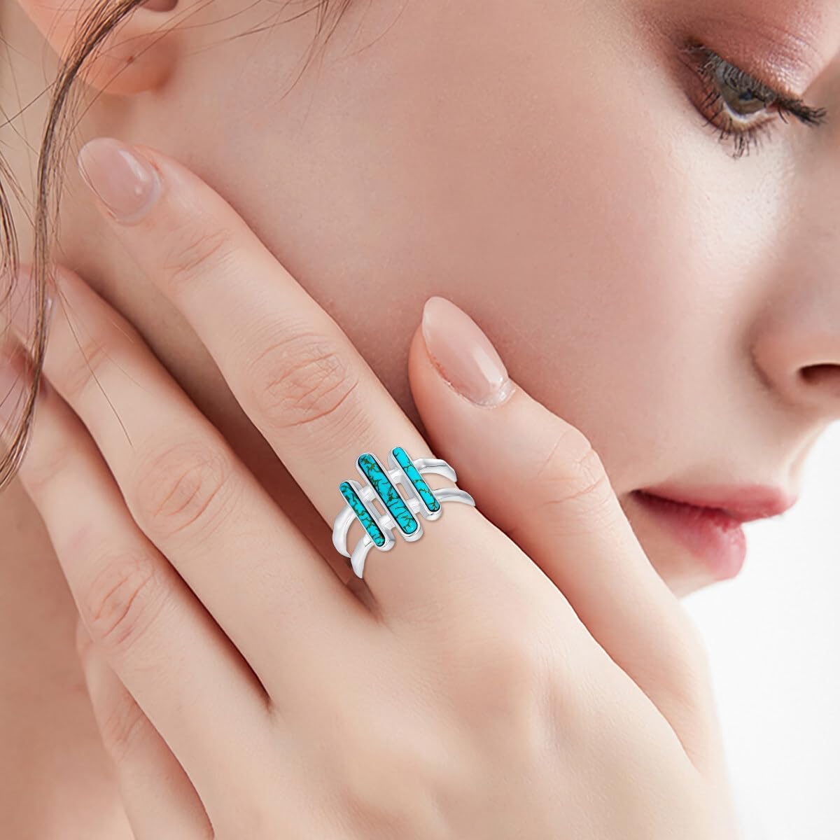 Natural Turquoise Three-Bar Ring 925 Sterling Silver Gemstone Turquoise Adjustable Ring Boho Western Jewelry Gifts for Women - Image 4