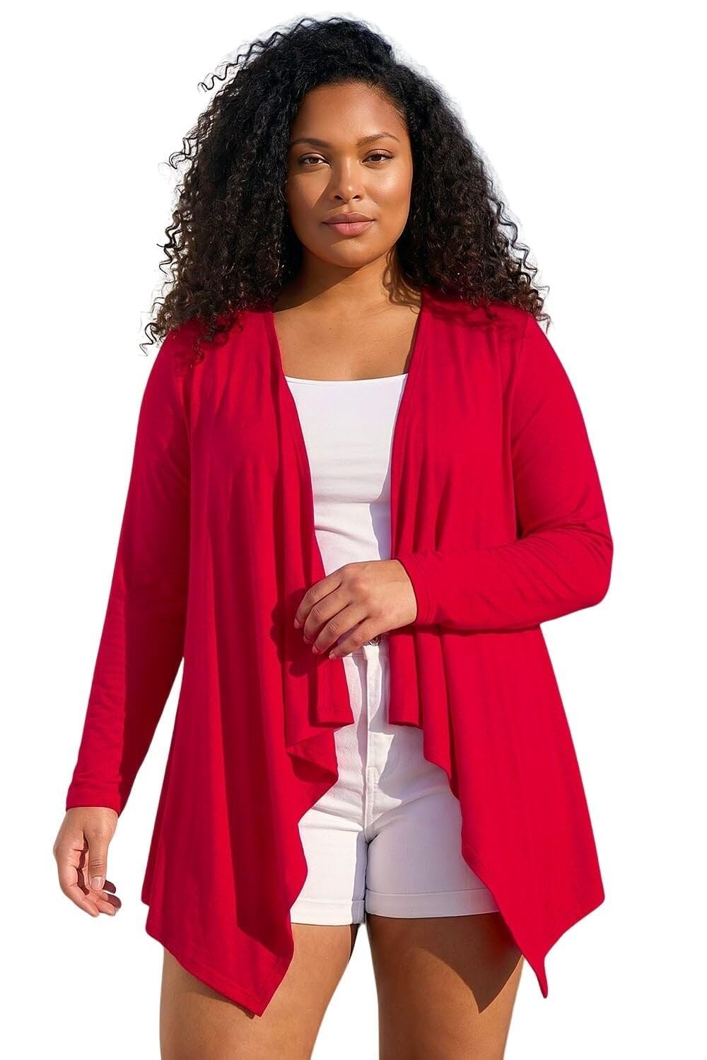 Roman Originals Women's Curve Red Roman Curve Waterfall Front Jersey Cardigan - Spring Everyday Summer Evening Vacation Work Holiday Long Sleeve Smart Casual - Size 20
