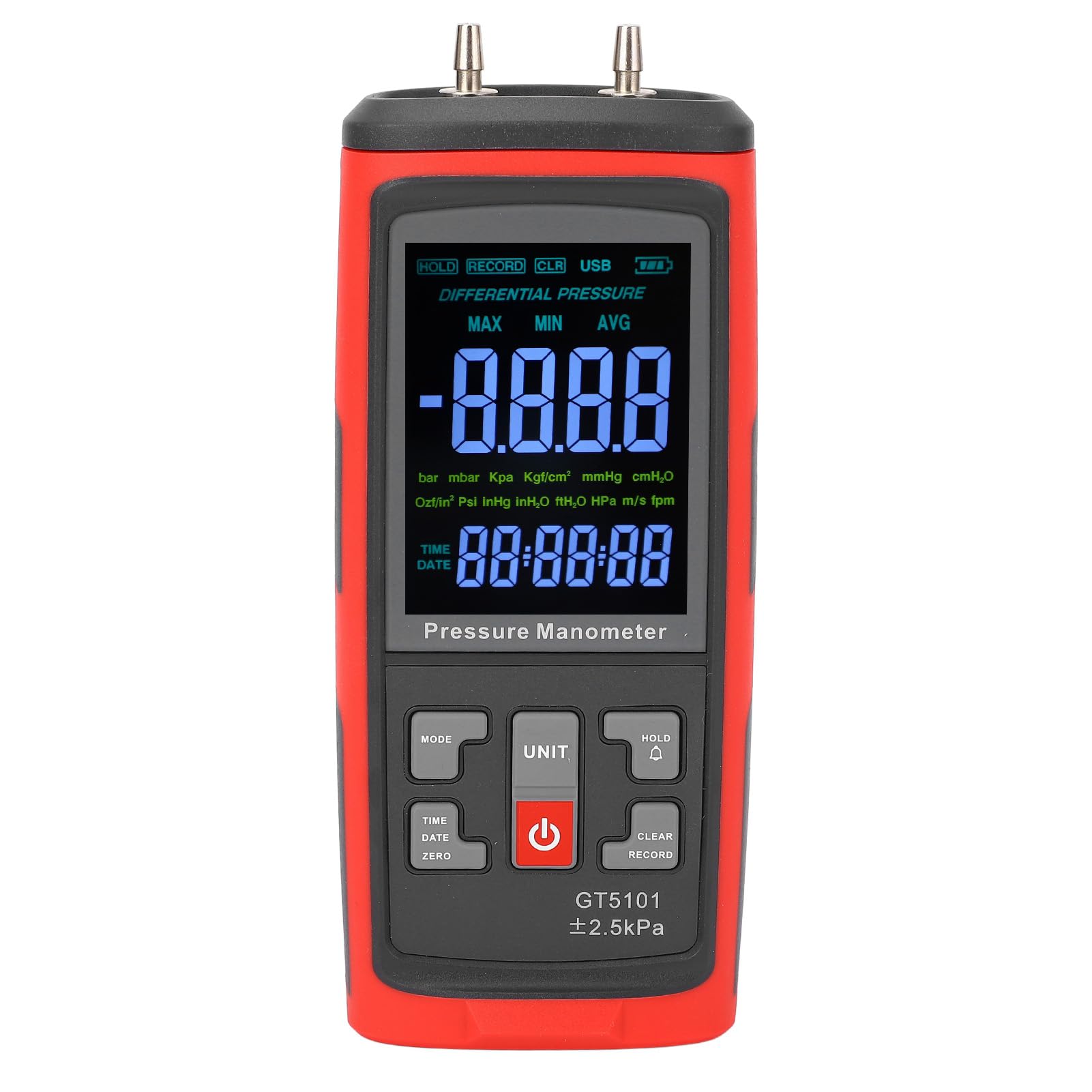 Digital Manometer LCD Backlit Display High Precise Double Port Handheld Gas Pressure Tester for HVAC Laboratory Testing