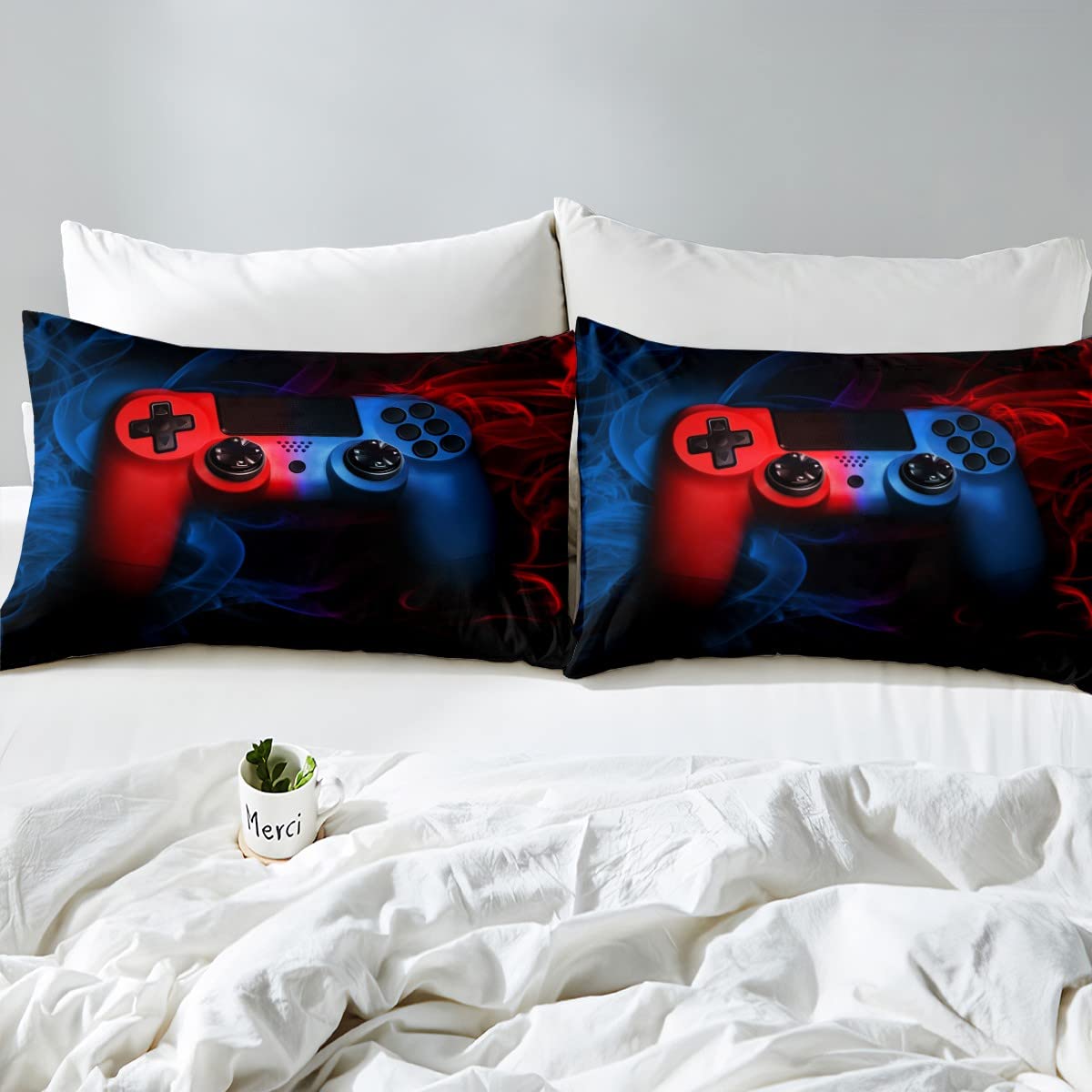 Juego de ropa de cama para juegos, juego de ropa de cama de videojuegos rojo y azul, juego de ropa de cama para niños, adolescentes, juego de funda de edredón con 1 funda de edredón, 2 fundas de almo