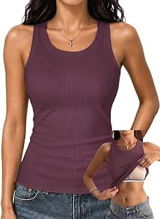 Danysu Racerback tank top, women's camisole with built-in bra, ribbed tank top with high neckline, basic, tight tank top, long tank top with built-in bra