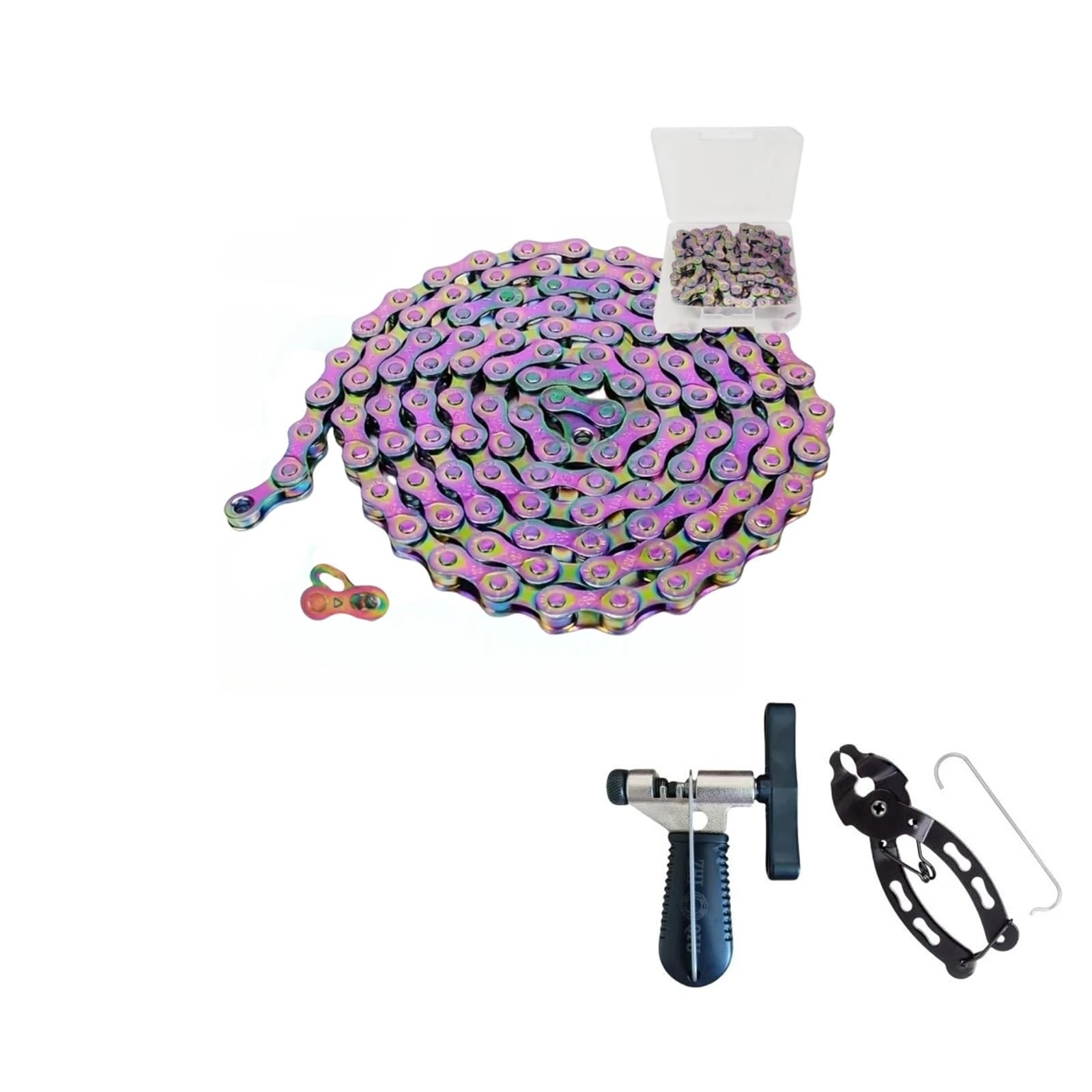 Cadena de bicicleta 6/7/8 velocidades, compatible con la mayoría las bicicletas, colores plateado, dorado, arcoíris y marrón, 116 eslabones(8S R w Tool Set)