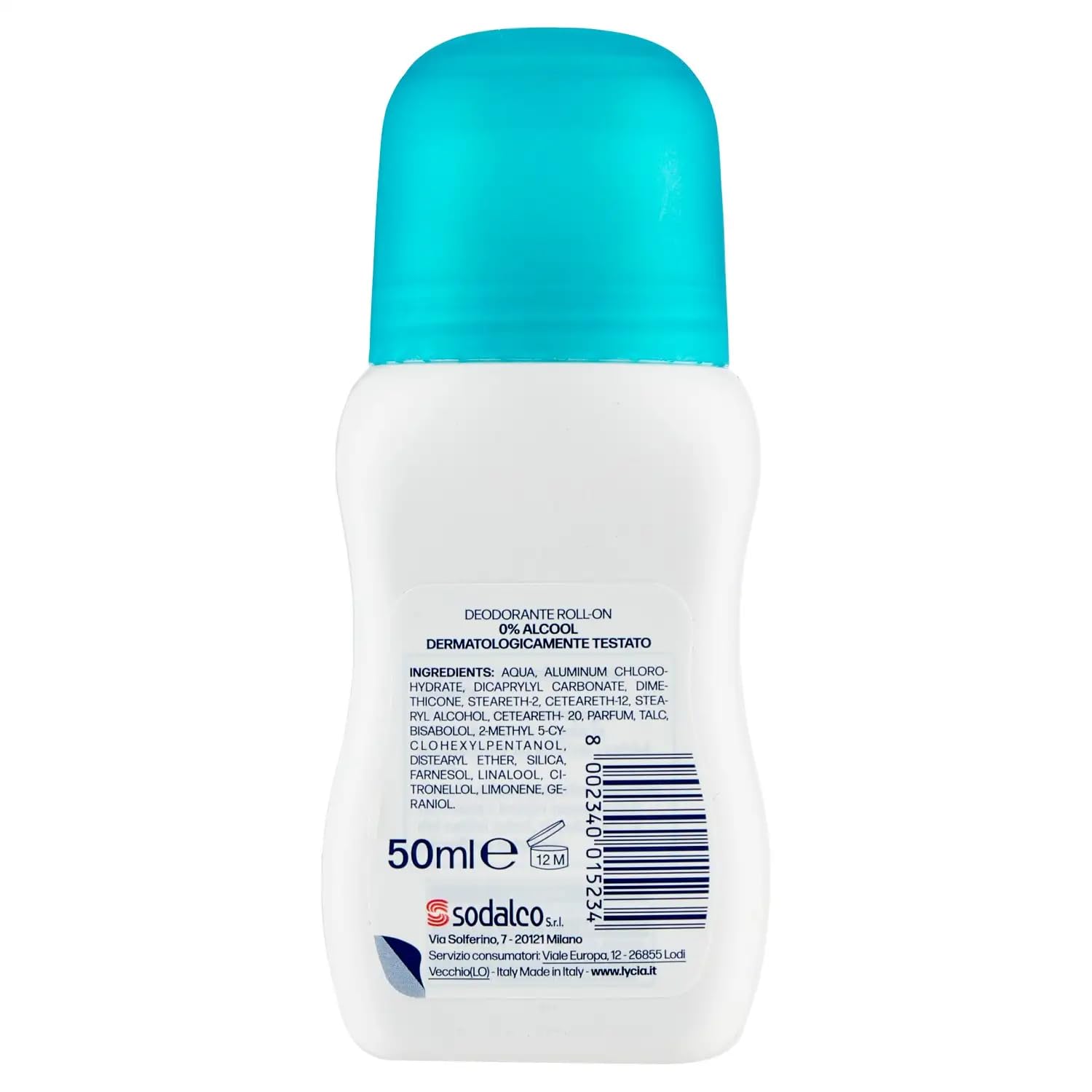 12x Lycia Deodorante Roll-On Pure Talc,Deodorant 0% Alkohol,mit Trockeneffekt-Mikroschwämmen - Deo Baumwollblumen 50ml + Beni Culinari Kostenloser Schlüsselanhänger