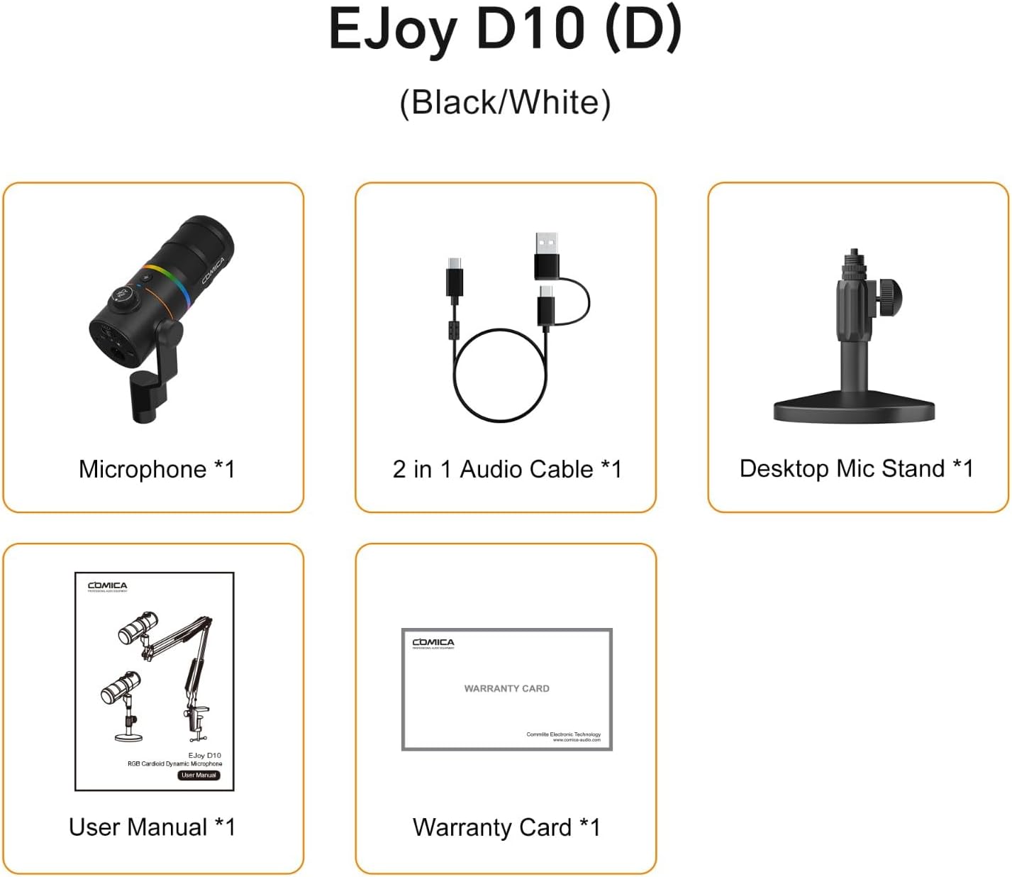 Contents of the COMICA EJoy D10 D package including microphone, cables, stand, manual, and warranty card.