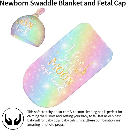Miniatura 2 de Juego de mantas para recién nacido, con texto en inglés "I Love You to The Moon and Back", suave y elástico, saco de dormir con diseño de arco iris,