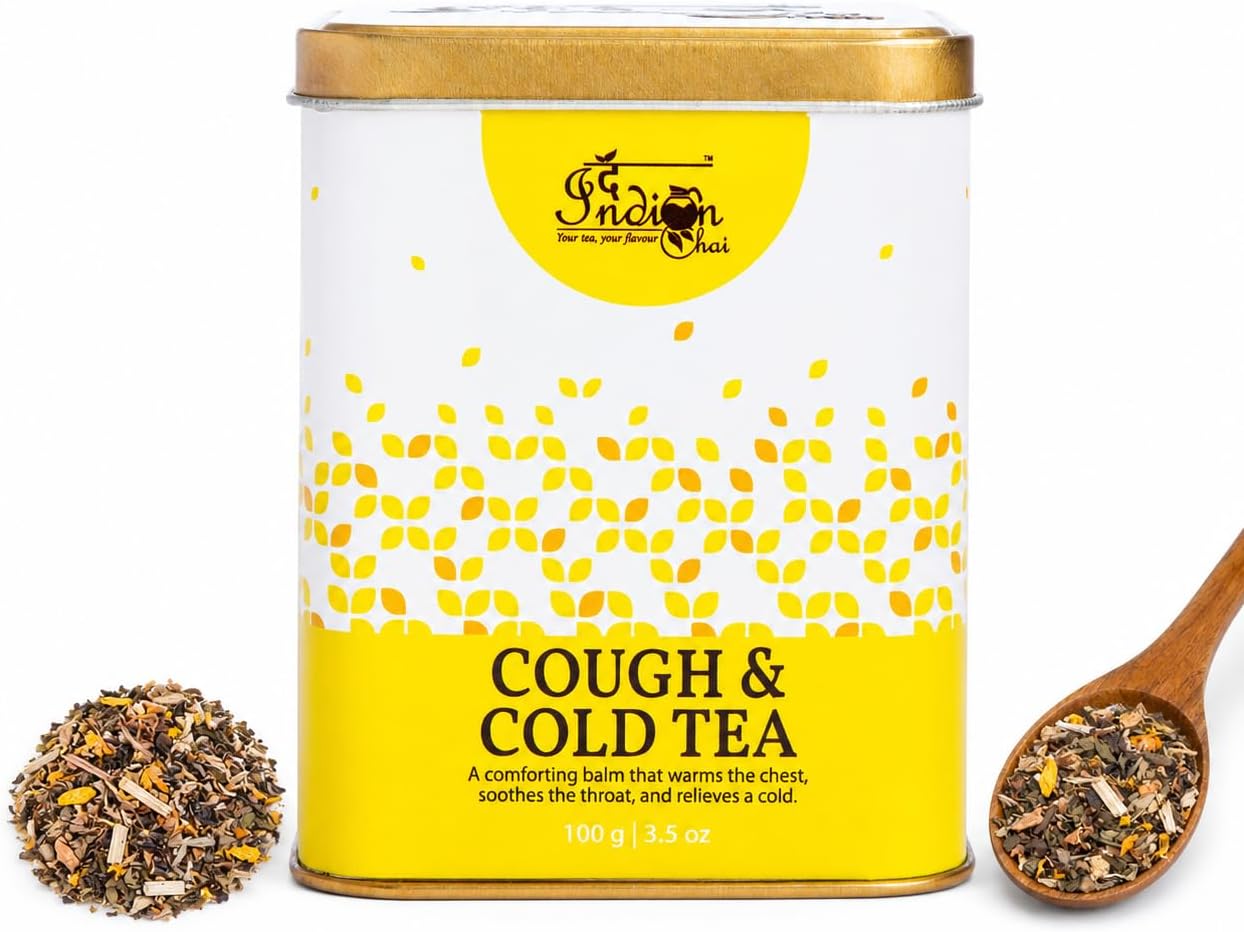 Cough & Cold Tea 100g, Triple Tulsi Blend with Echinacea, Ginger, Turmeric, Licorice Root & Honey โ Soothing Seasonal Wellness Brew | Caffeine Free Herbal Infusion