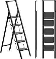 Vista 1 de Escalera de 5 escalones, taburete plegable con mango y pedal ancho antideslizante, escalera de hierro portátil para cocina, hogar, biblioteca, Negro