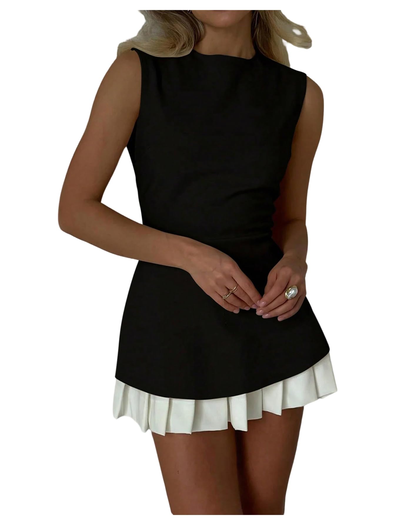 GORGLITTER Womens Color Block Pleated Mini Dress Ruffle Sleeveless Crewneck Business Work Bodycon Bubble Dress