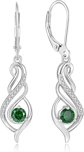 Infinity Dangle Earrings for Women - 925 Sterling Silver Drop Earring Round Birthstone Leverback Earrings - Jewelry Gifts for Her