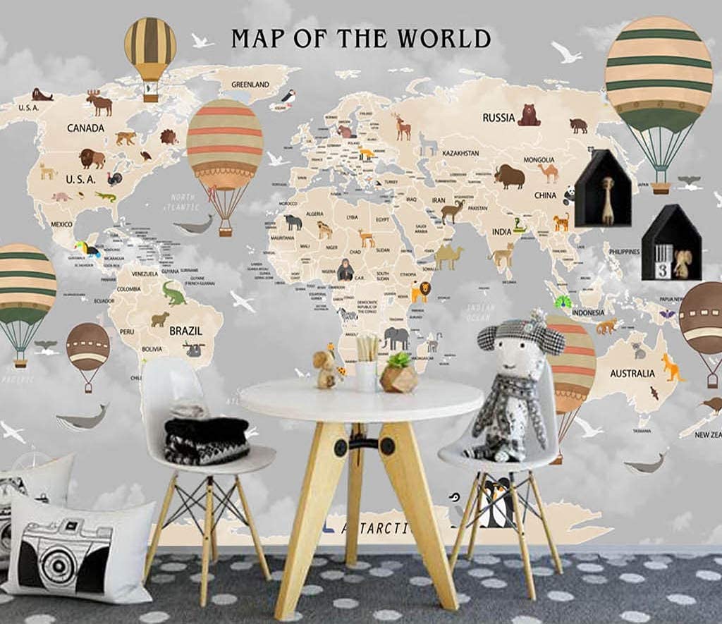 Buy Murwall World Map Wallpaper for Kids Vintage Balloons Wall Mural Hot Air Balloon Wall Print
