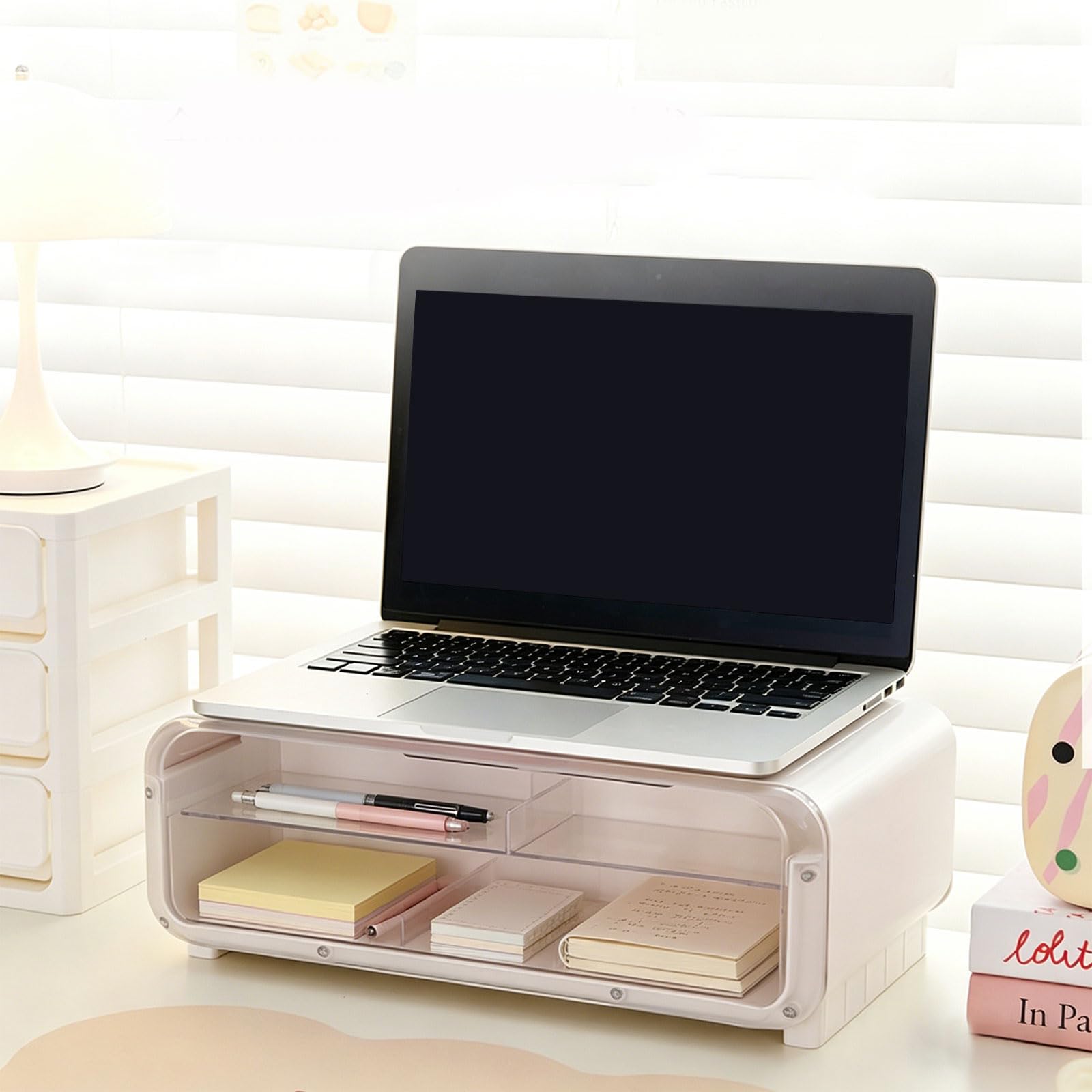 Supporto per monitor del computer con luci alimentate tramite USB e sezioni multiple per organizzare accessori da scrivania e miniature Ascensore monitor alimentato tramite USB