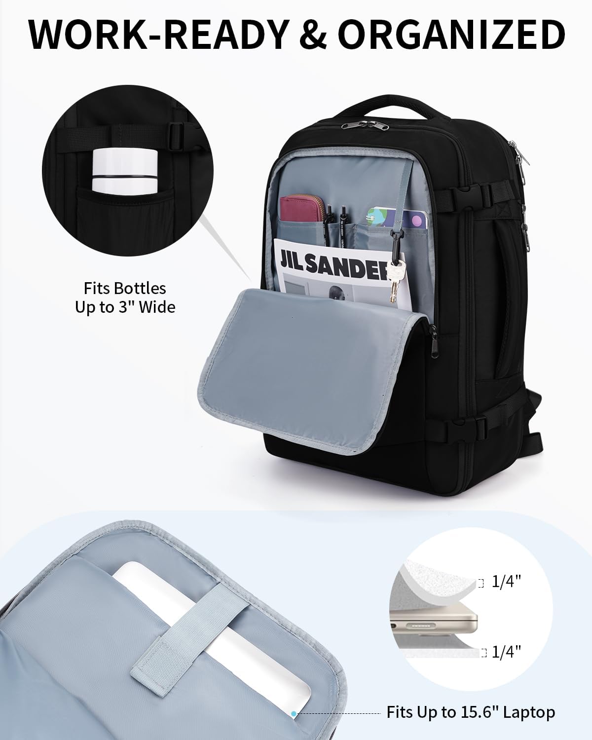 ECOHUB 30L Carry on Travel Backpack for Men Women 18x14x8, 17 inch Expandable Airlines Personal Item Bag Water Resistant Laptop Backpack Flight Approved with USB Slot & Wet Pocket, Black - Image 4