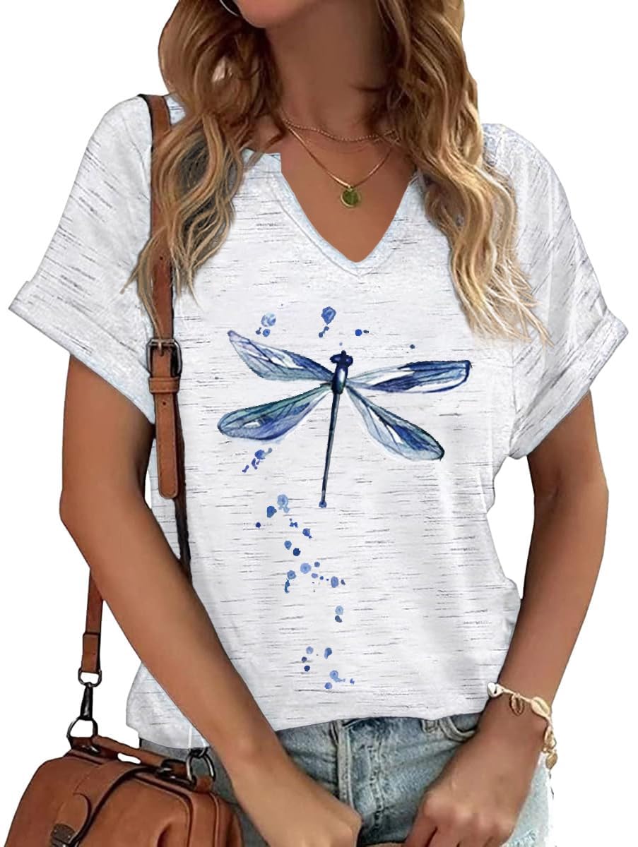PUCKOLITY Vintage Flowers V Neck Shirt for Women Boho Floral Wildflowers Graphic Tee Casual Cottagecore Summer T Shirt