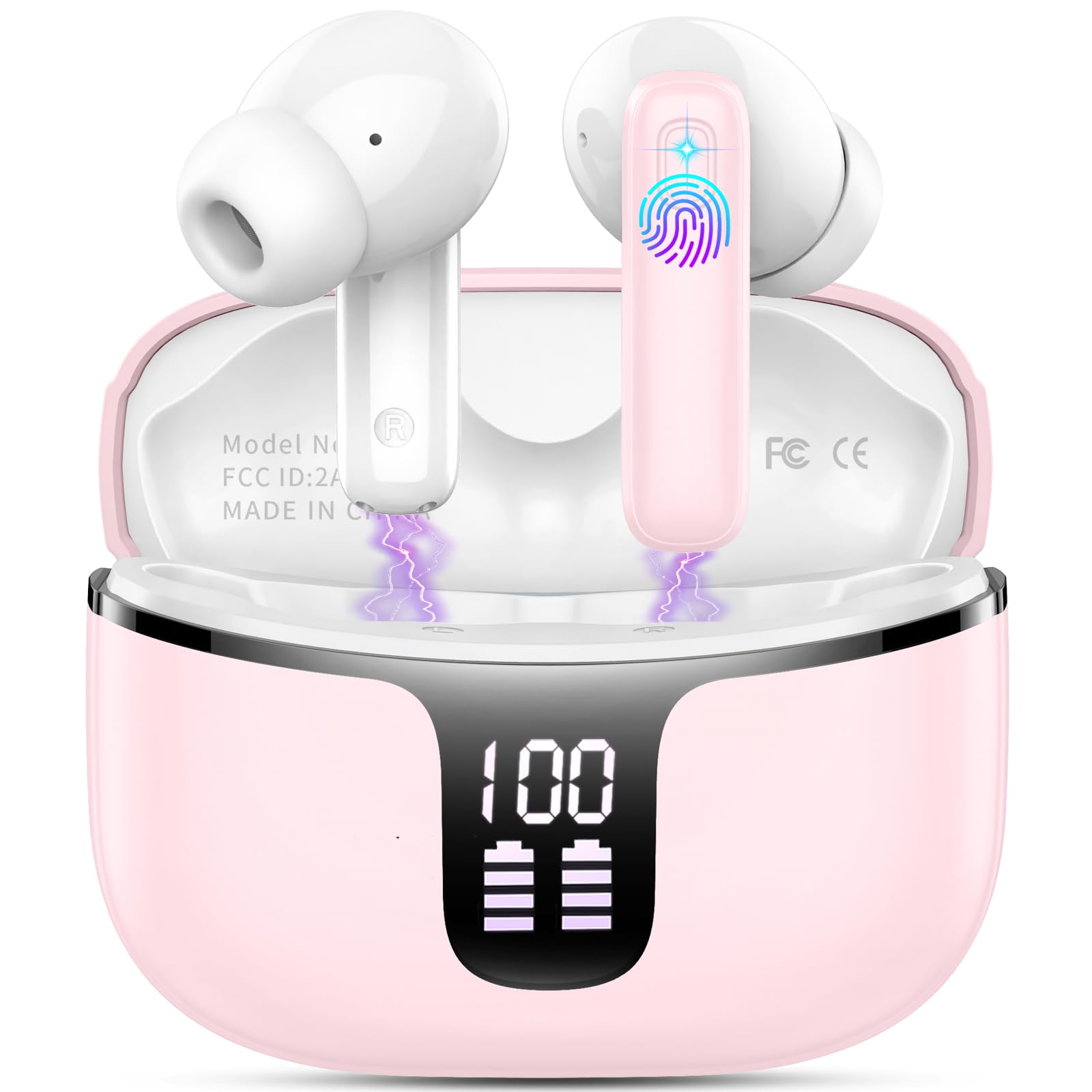 Cuffie Bluetooth Stereo HiFi Immersivo con HD Mic - Wireless in Ear 40H LED Display - IP7 Impermeabili Touch Control Auricolari Senza Fili USB-C Rosa