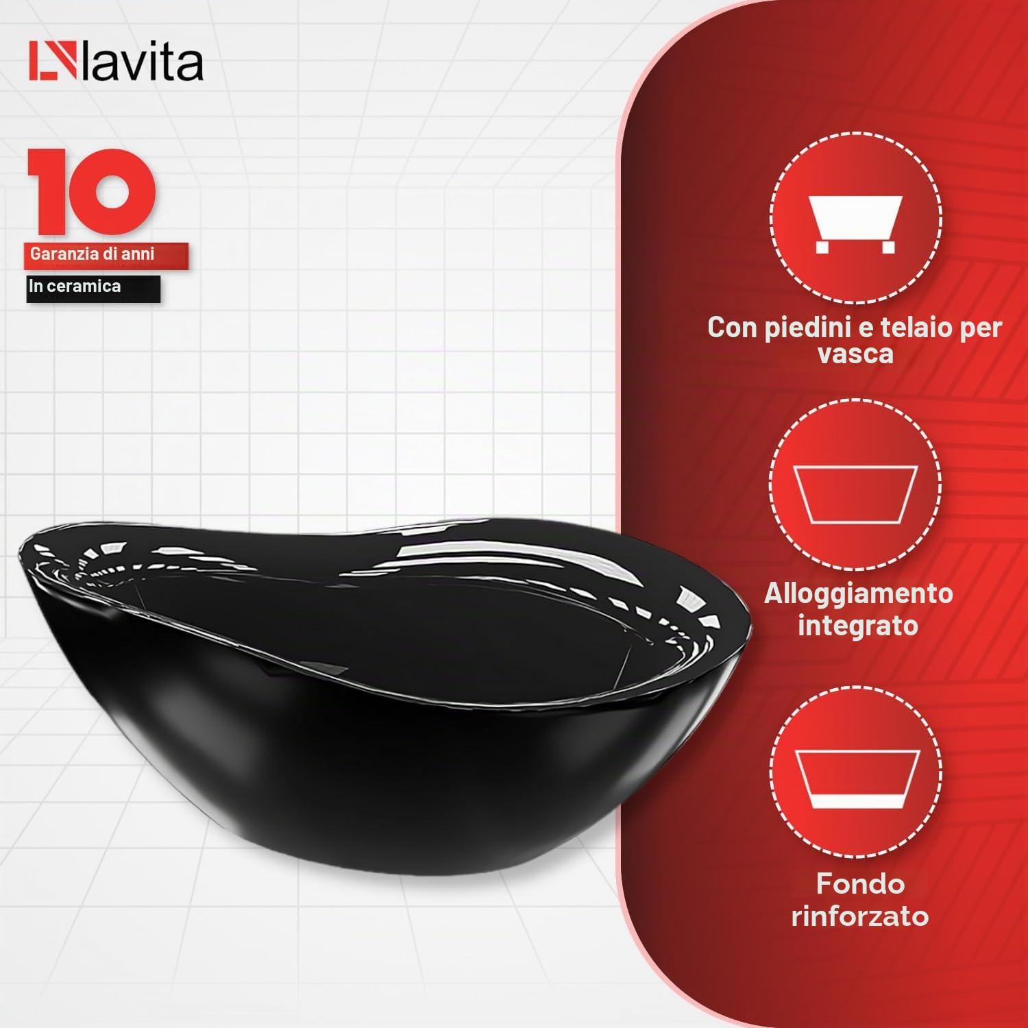 LAVITA Vasca da bagno indipendente Reus Black 1800 Acrilico 180x89x73 cm Vasche da bagno Ovale Forma moderna Vasca acrilica Libera installazione 2 persone 214 L Rivestimento antimicrobico Nero