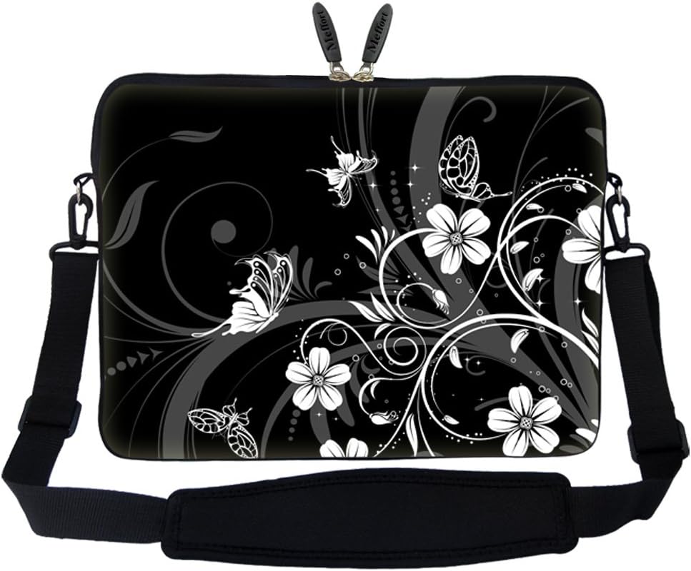 Meffort Inc15 15.6 inch Neoprene Laptop Sleeve Bag Carrying Case with Hidden Handle and Adjustable Shoulder Strap - Black White Flower Butterfly