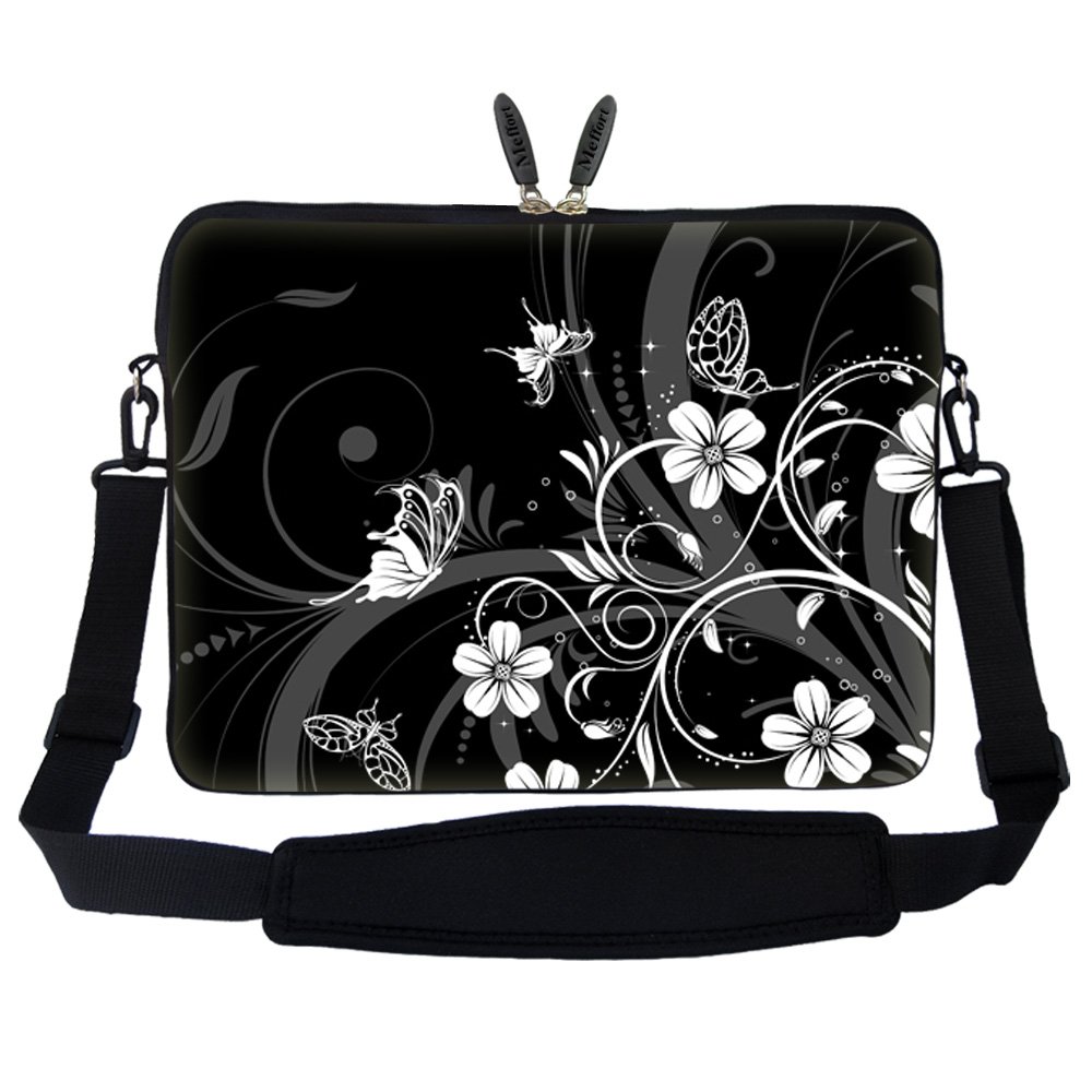Meffort Inc15 15.6 inch Neoprene Laptop Sleeve Bag Carrying Case with Hidden Handle and Adjustable Shoulder Strap - Black White Flower Butterfly